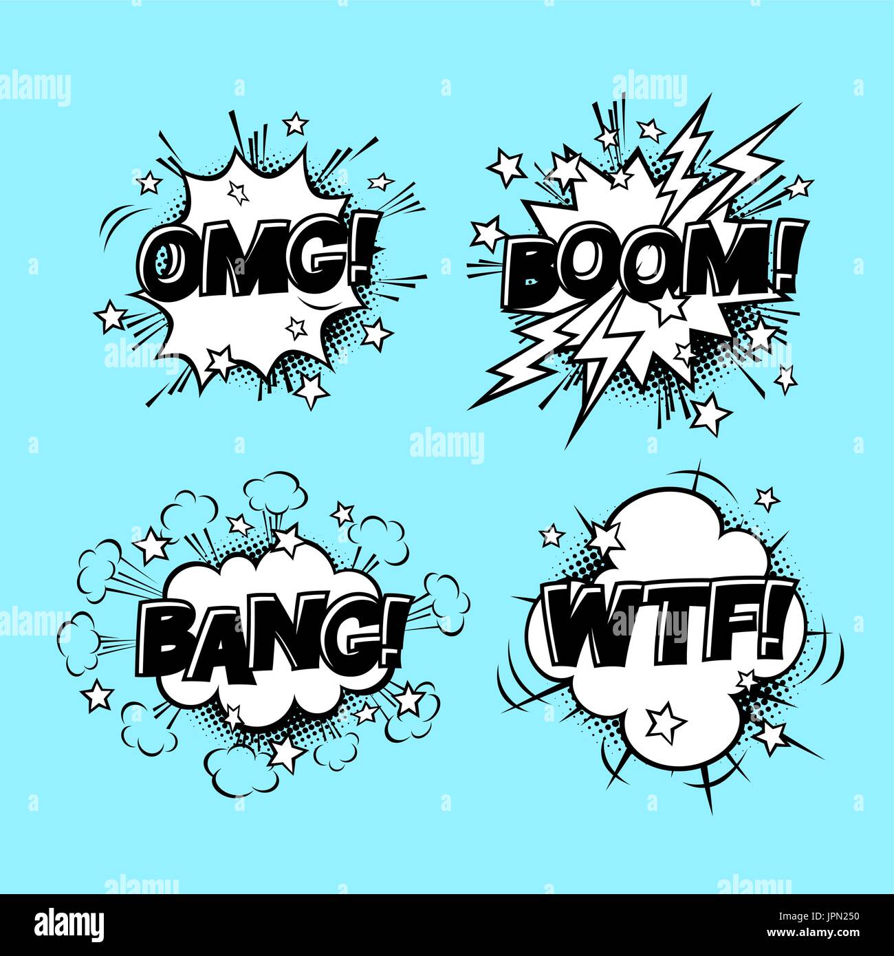 Comic-Sprechblasen sound set mit verschiedenen Emotionen und Text OMG, BANG, BOOM, WTF. Vektor-Cartoon-Illustrationen auf blauem Hintergrund isoliert. Halfto Stock Vektor