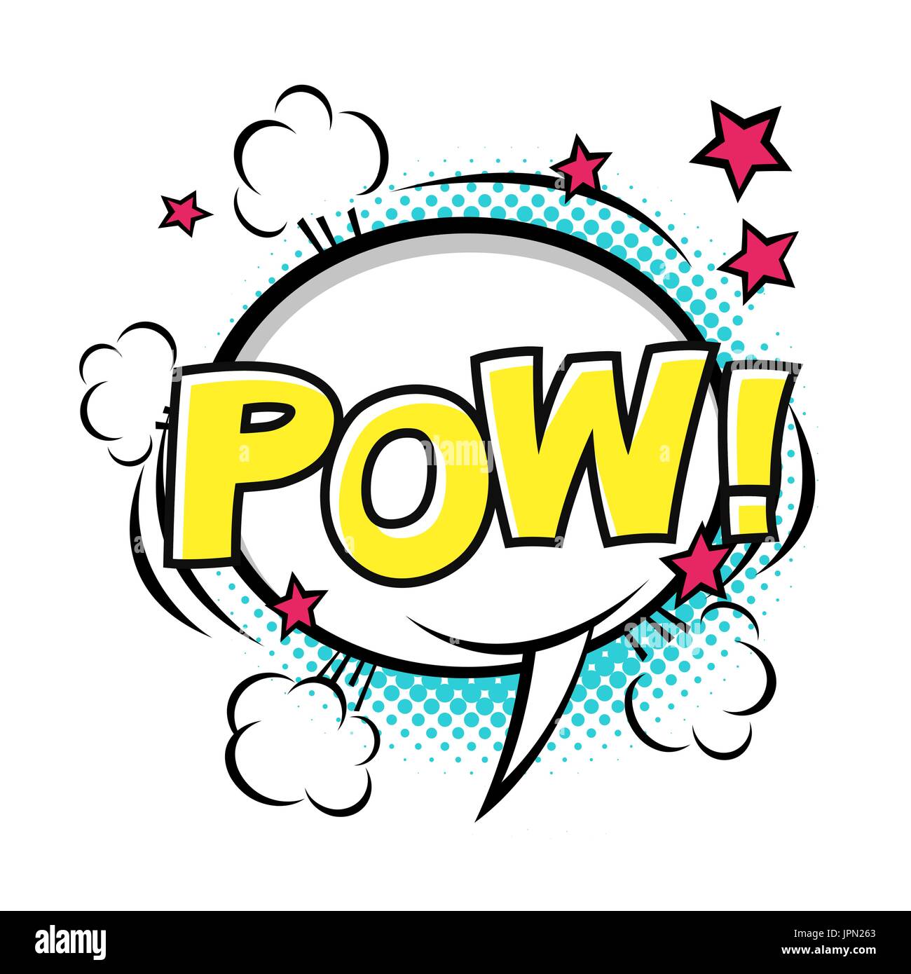 POW! Comic-Sprechblase, Comic-Klang. Vektorgrafiken Cartoon isoliert auf weißem Hintergrund. Halbtöne, Sterne und andere Elemente in getrennten lay Stock Vektor