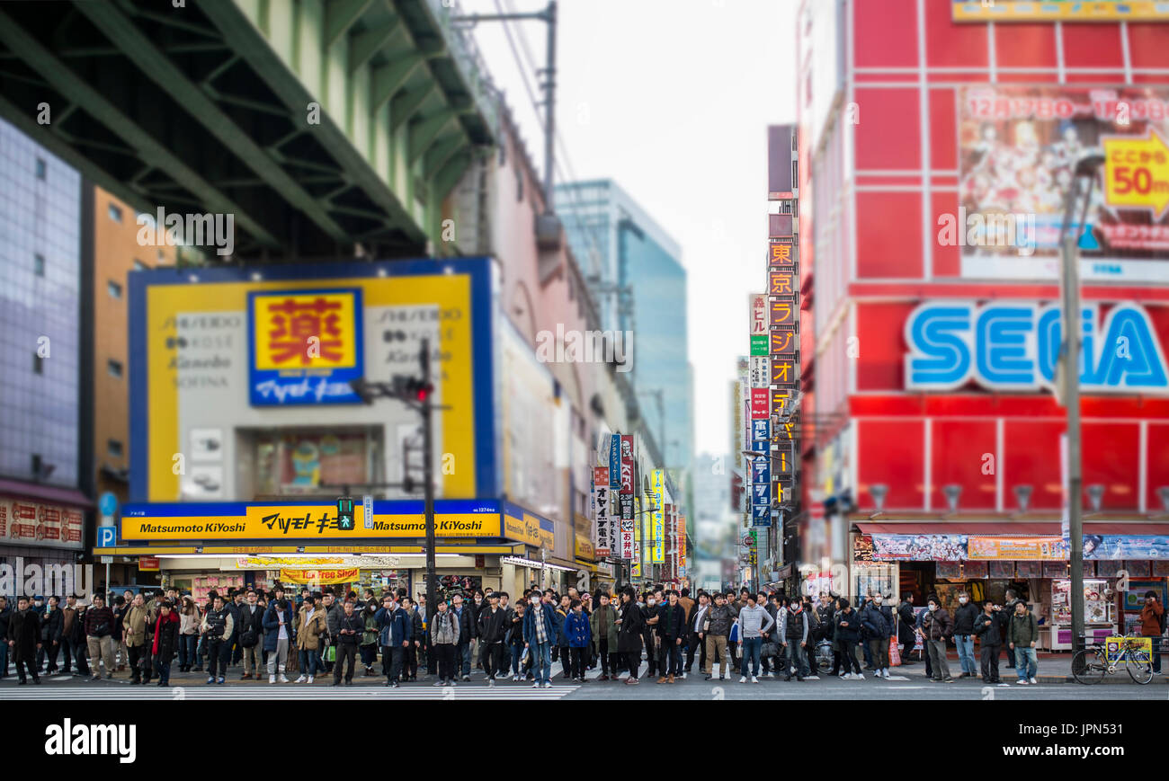 TOKYO, JAPAN - 2. Januar 2017: Menschenmassen passieren unter bunten Zeichen in Akihabara. Der historischen Elektronik Bezirk entwickelte sich zu einem Einkaufsviertel für Stockfoto