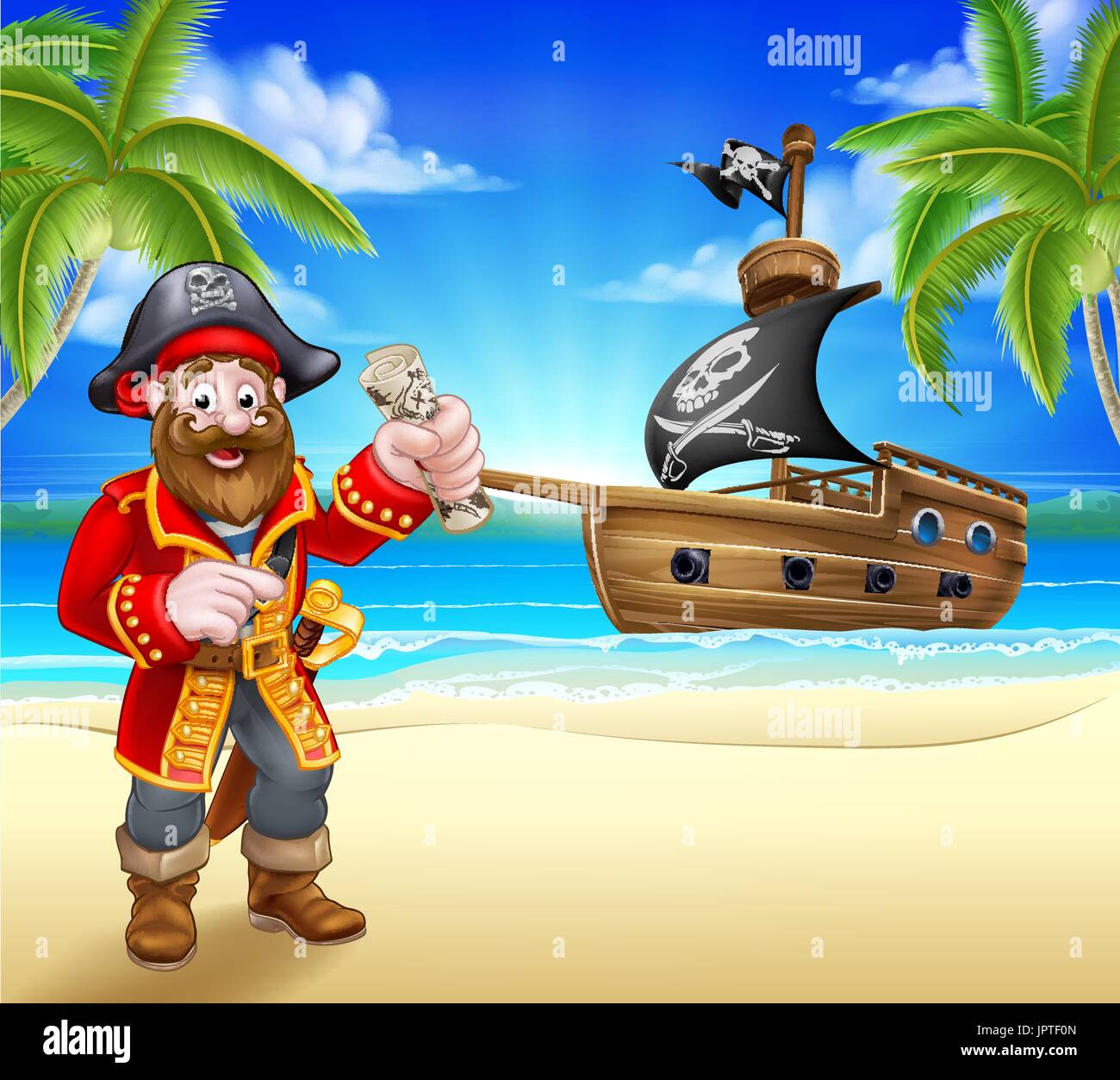 Piraten-Cartoon-Figur am Strand Stock Vektor