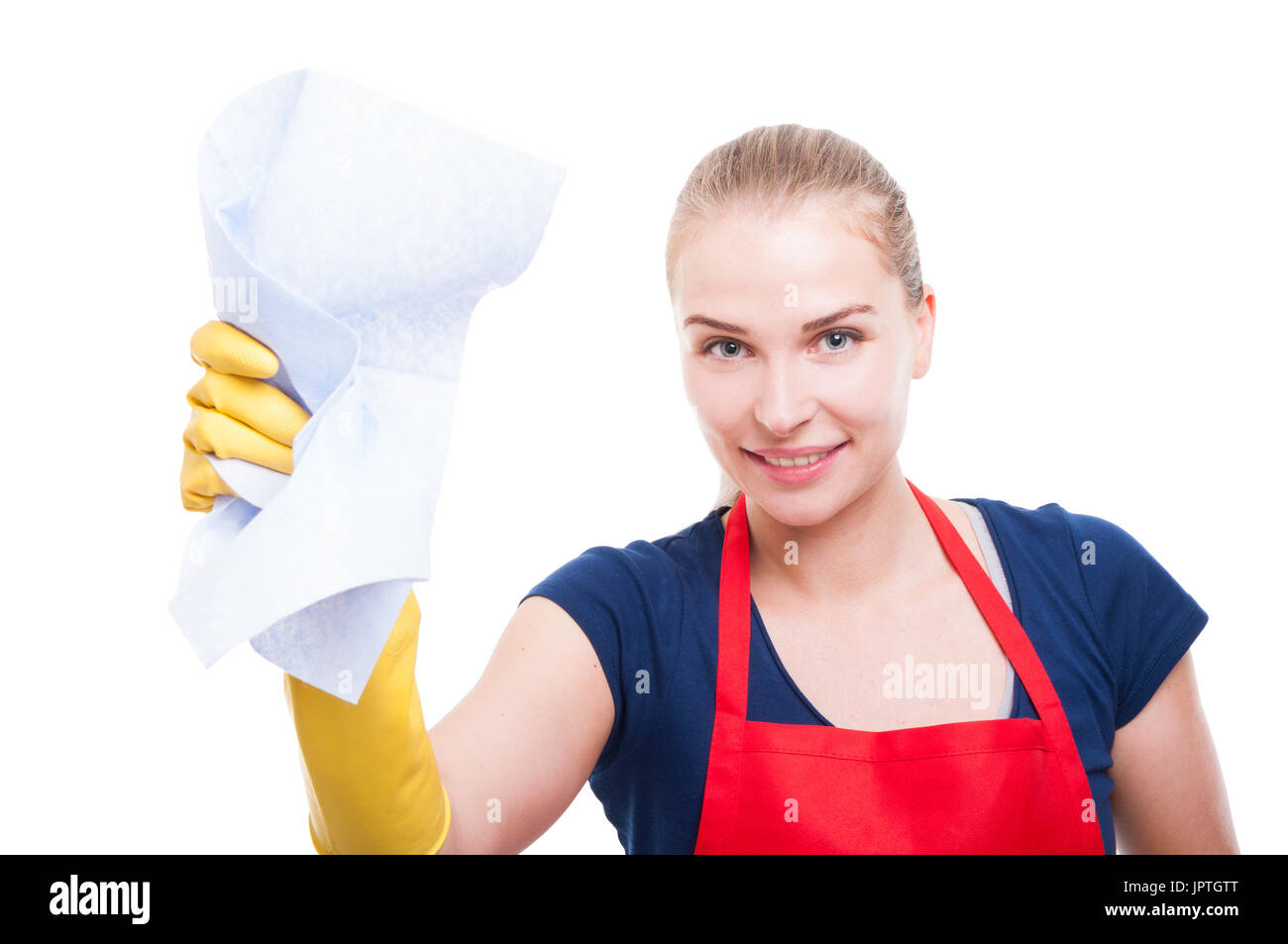 Porträt von attraktive Haushälterin Frau mit Reinigung Lappen lächelnd auf weißem Hintergrund Stockfoto