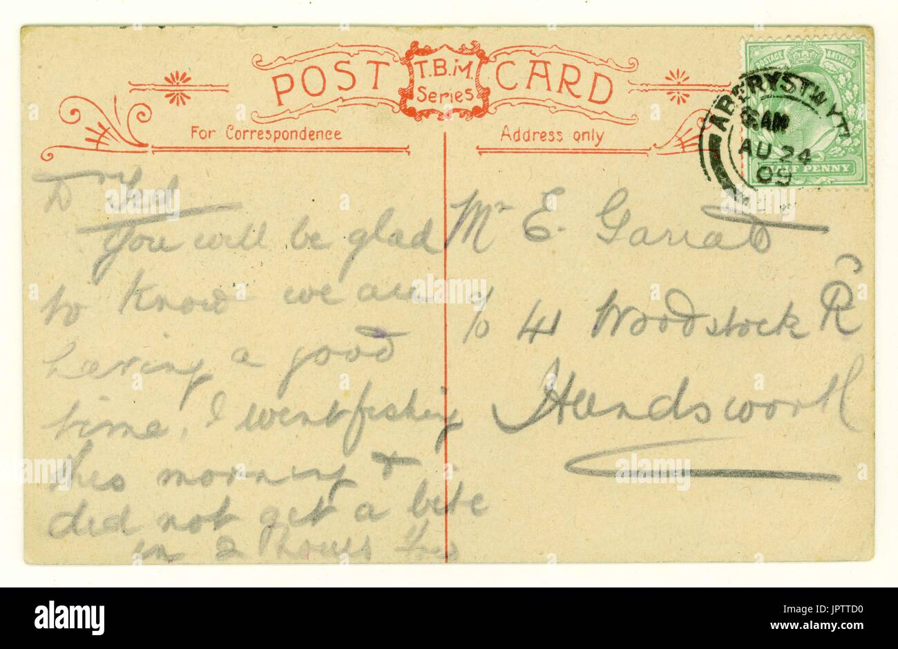 Rückseite Edwardian Postkarte posted 1909 aus Aberystwyth, Wales, U.K. Stockfoto