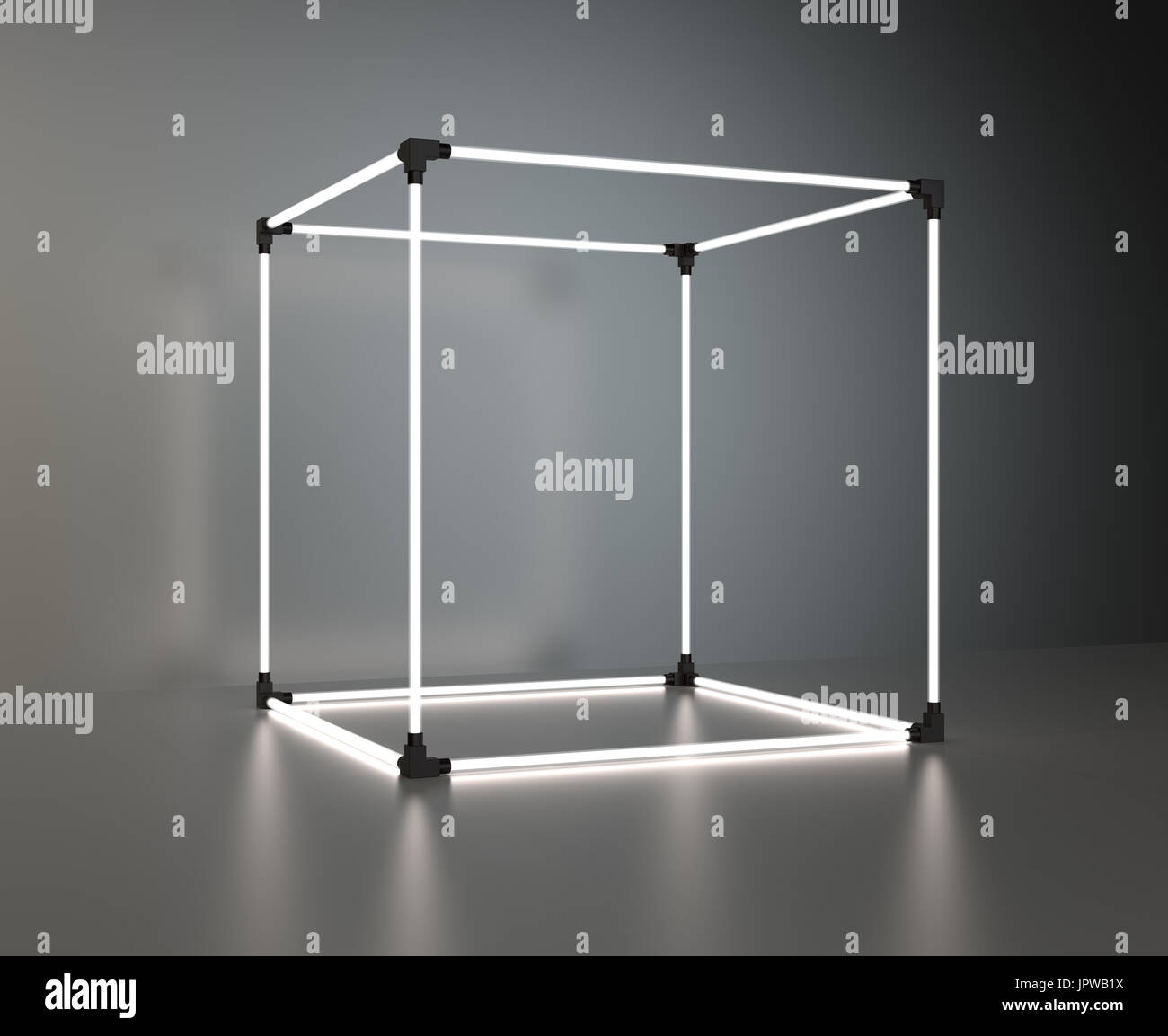 Leuchtende Würfel Schaufenster auf grauem Hintergrund mit Reflexion. 3D-Rendering Stockfoto