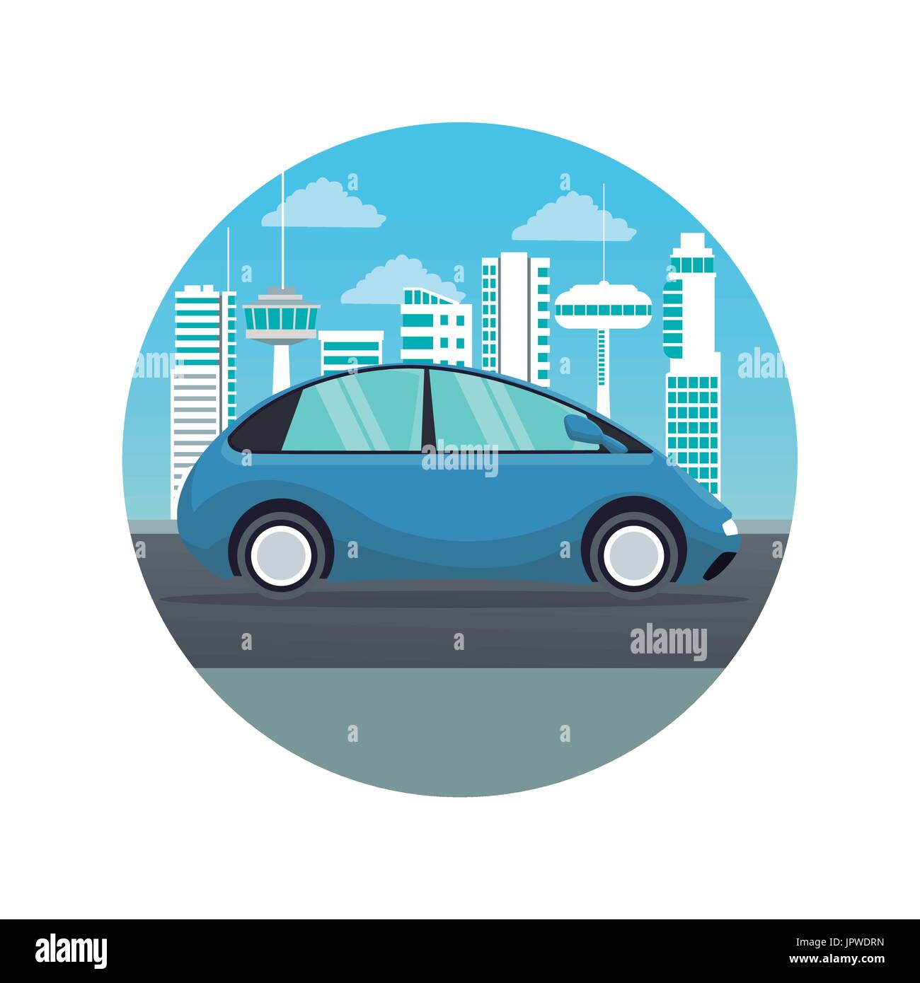 weißen Hintergrund mit kreisförmigen Rahmen futuristische Landschaft Stadtsilhouette mit bunten blaues Auto Fahrzeug Stock Vektor