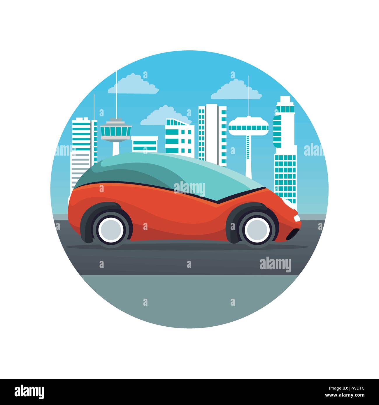 weißen Hintergrund mit kreisförmigen Rahmen futuristische Landschaft Stadtsilhouette mit bunten orange Auto Fahrzeug Stock Vektor