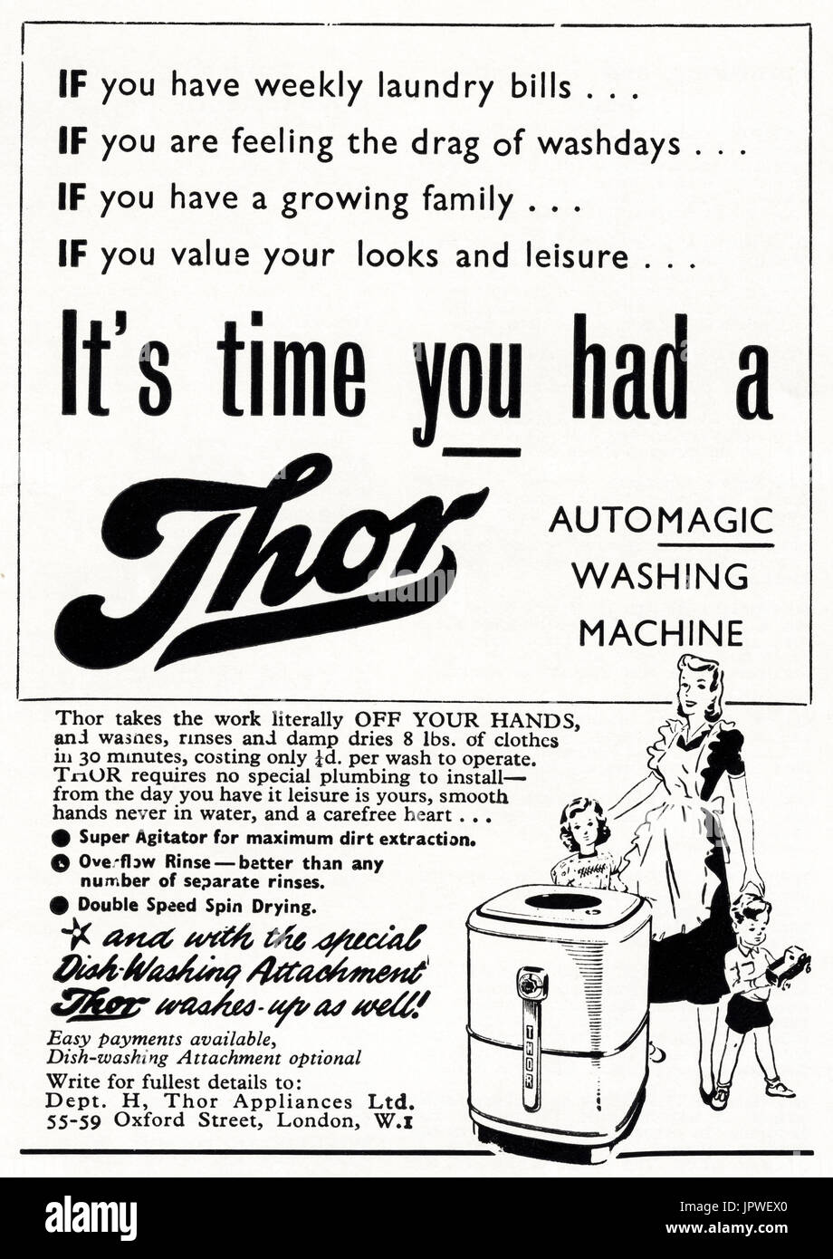 1950er Jahre alten Vintage original retro Anzeige Waschmaschine Werbung  Thor Maschine im Magazin ca. 1950 Stockfotografie - Alamy