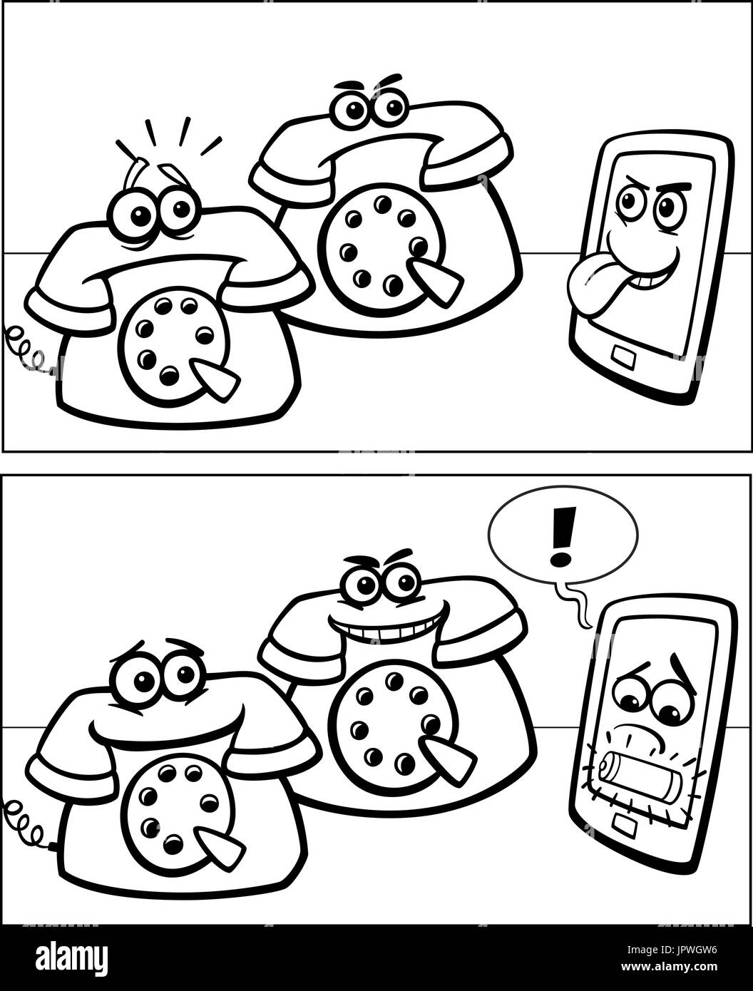 Schwarz Weiss Cartoon Illustration Von Smartphone Und Retro Telefone Comic Geschichte Stock Vektorgrafik Alamy