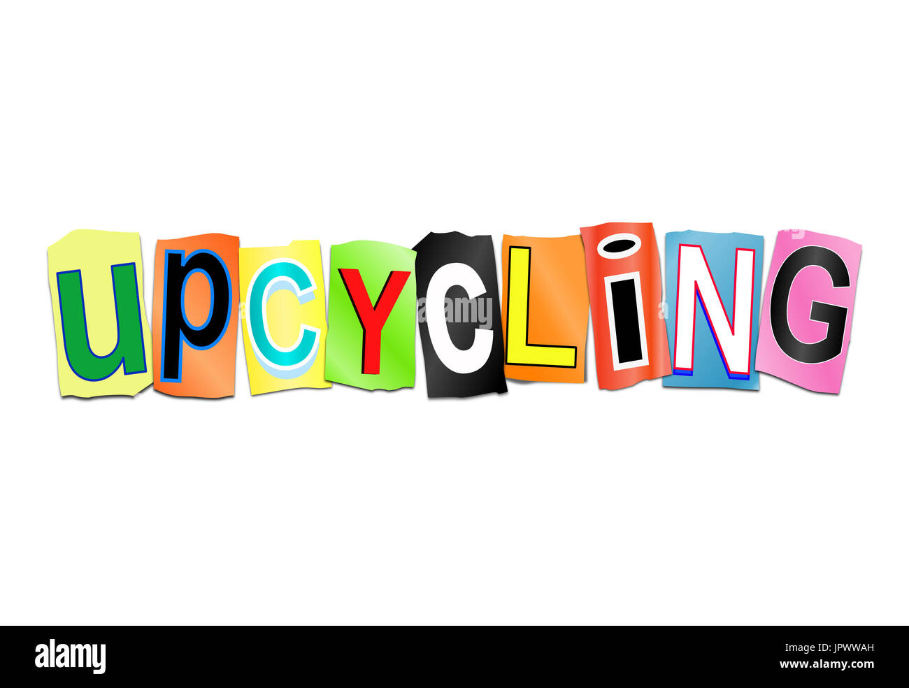 3D Abbildung zeigt eine Reihe von ausgeschnittenen gedruckte Buchstaben angeordnet, um das Wort Upcycling bilden. Stockfoto