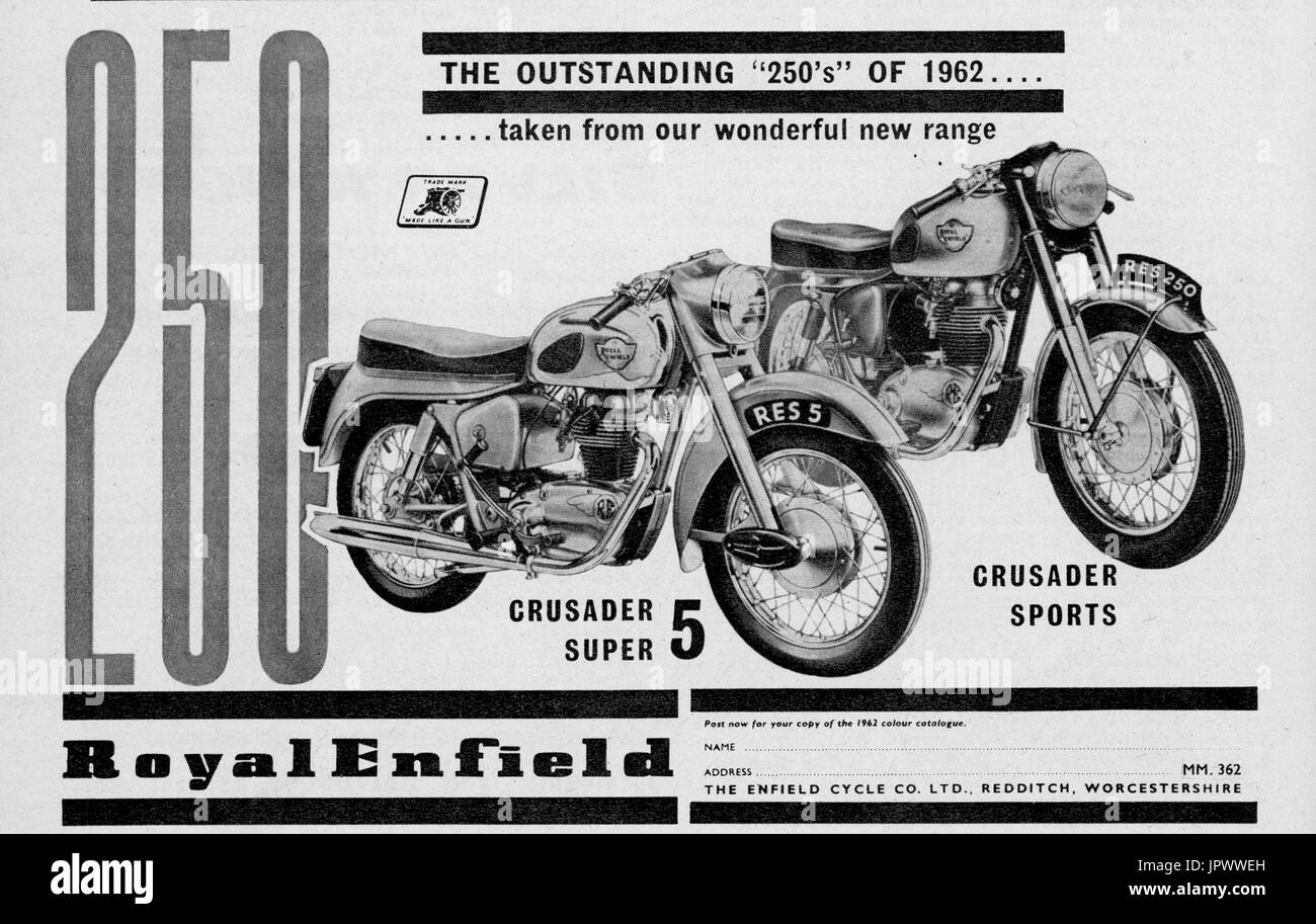 Royal Enfield 250 Super und Sport Motorrad Magazin Anzeige März 1962 Stockfoto