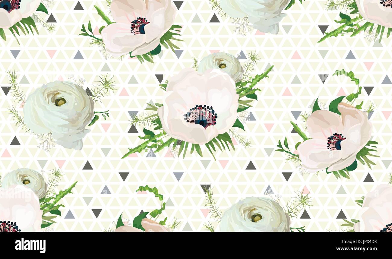 Nahtlose Muster Vektor: Blumensträuße von rosa Anemone weiße Ranunkeln Blumen saisonale grüne elegante Gartengestaltung auf geometrischen Dreieck Hintergrund Flo Stock Vektor