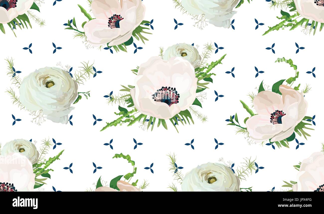 Nahtlose Muster Vektor: Blumensträuße von rosa weiße Anemone Ranunculus Blumen saisonale grüne Gartenpflanzen Elegant design auf geometrische Struktur, Backgr Stock Vektor