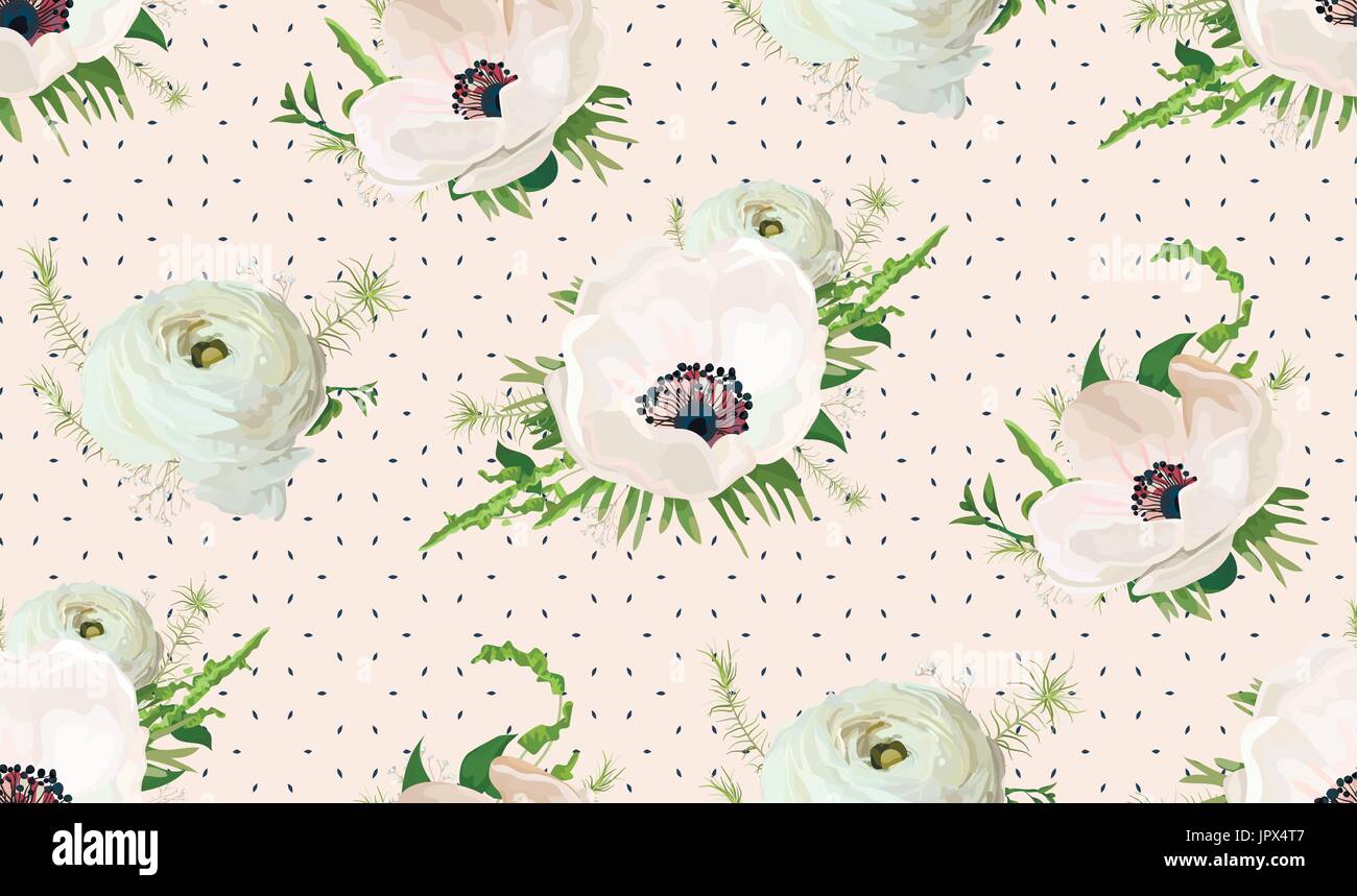 Nahtlose Muster Vektor Blumensträuße von rosa weiße Anemone Blumen Aquarell Ranunculus Blumen saisonale grüne Gartenpflanzen Elegant design auf geometrica Stock Vektor