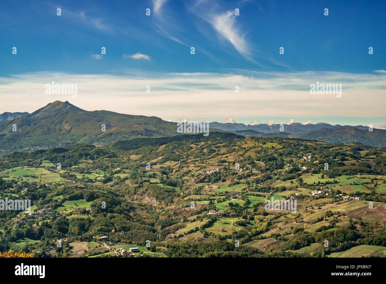 Typische Landschaft der Produktionsflächen Parmigiano-Reggiano Käse (Parmesan). Provinz Reggio Emilia, Emilia Romagna, Italien Stockfoto