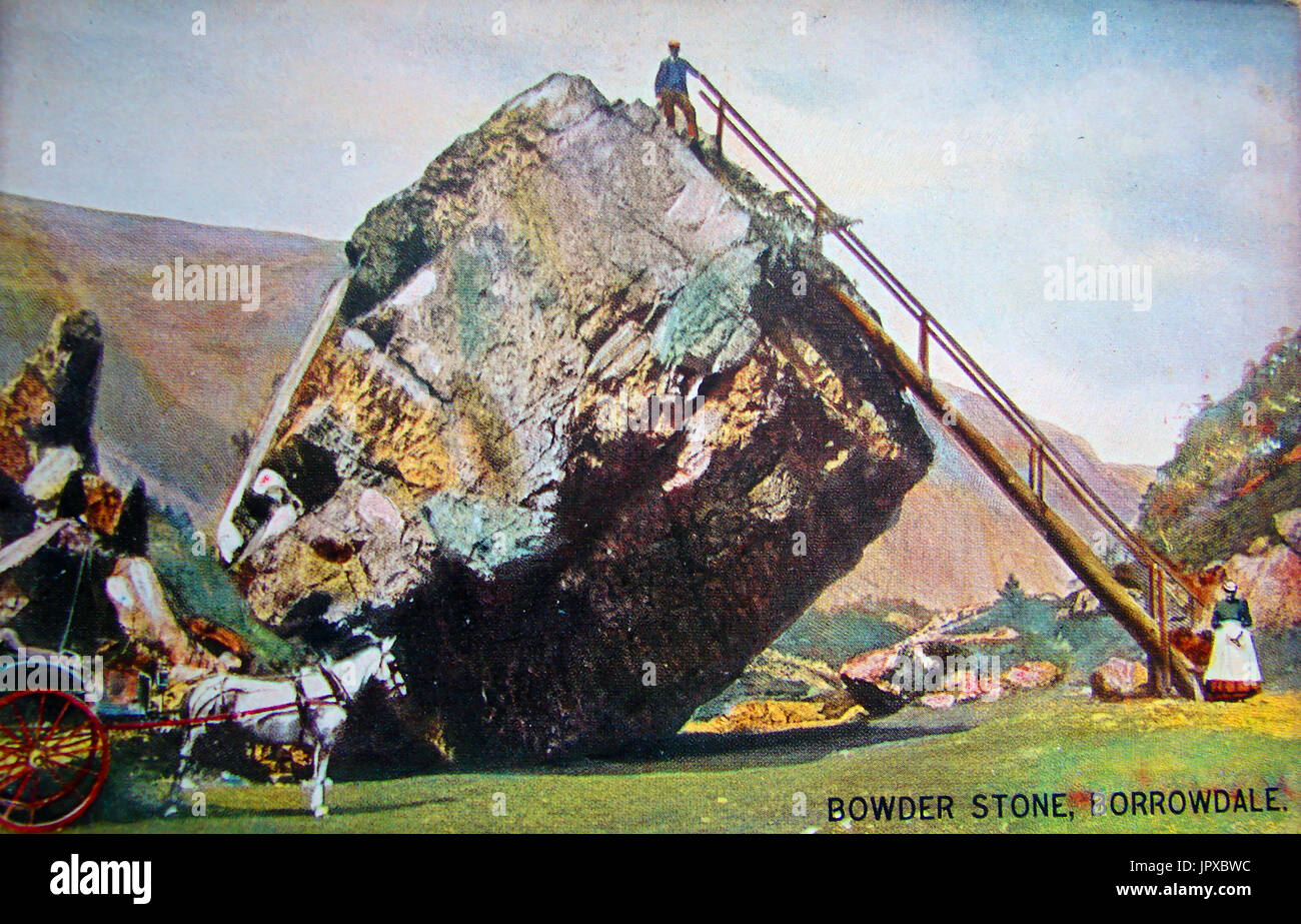 2000 Tonnen Bowder Stone, Borrowdale, Lake District, Großbritannien von eine alte farbige Postkarte um 1890 Stockfoto