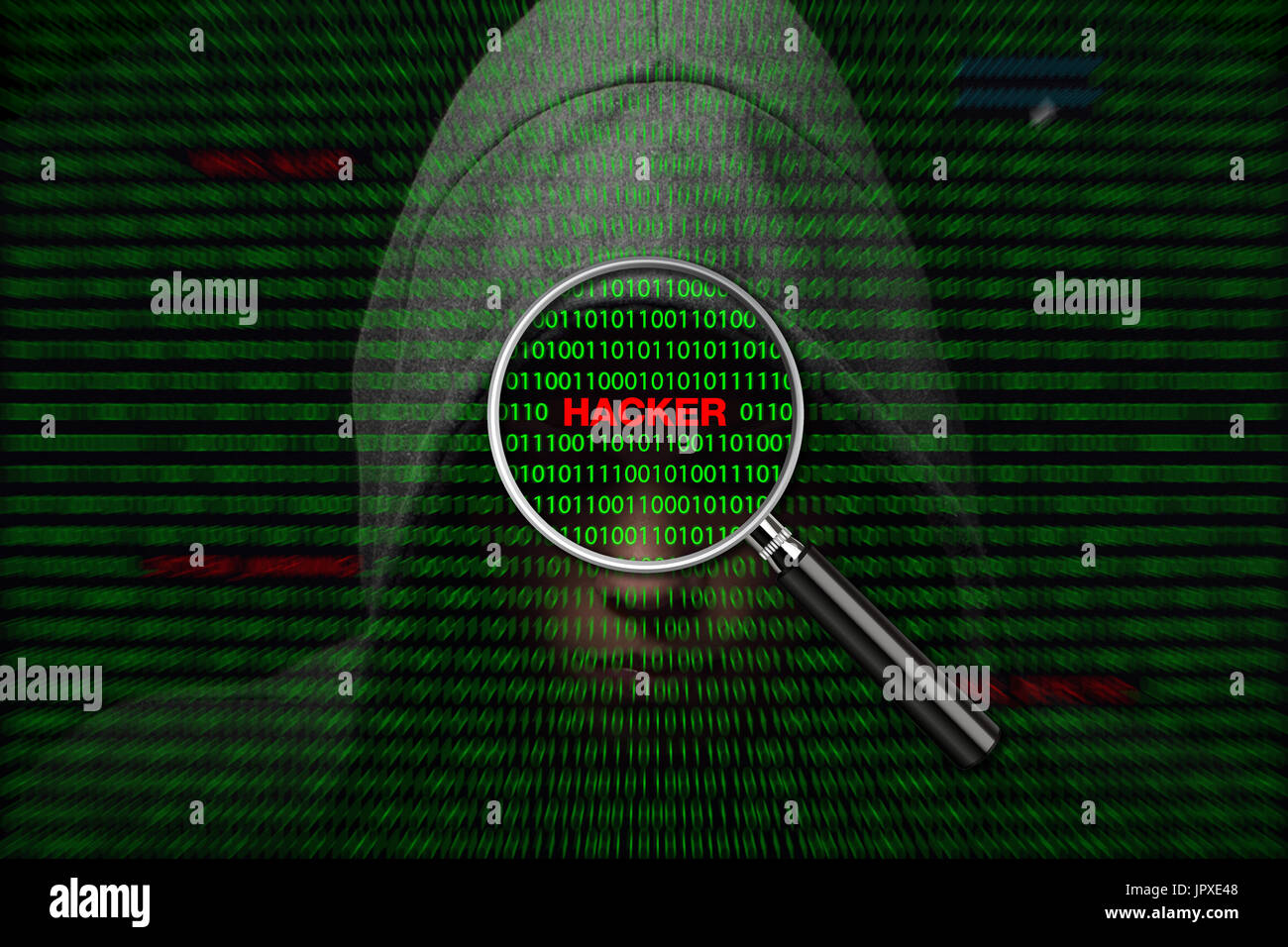 Hacker über einen Bildschirm mit Binärcode und Hacker-Warnmeldungen Stockfoto