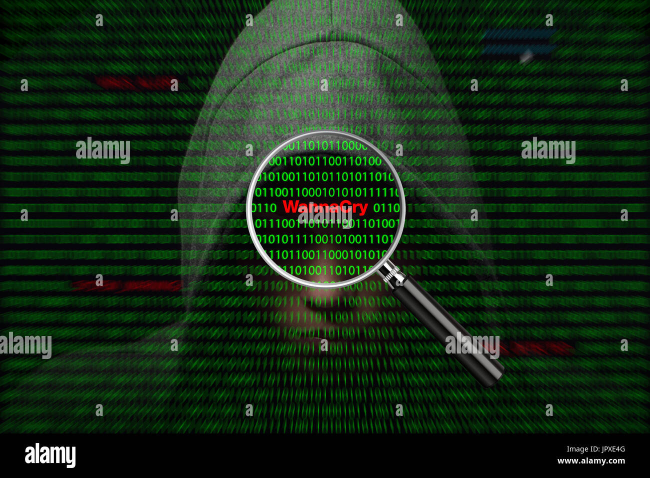 Hacker über einen Bildschirm mit Binär-Code und WannaCry-Warnmeldungen Stockfoto
