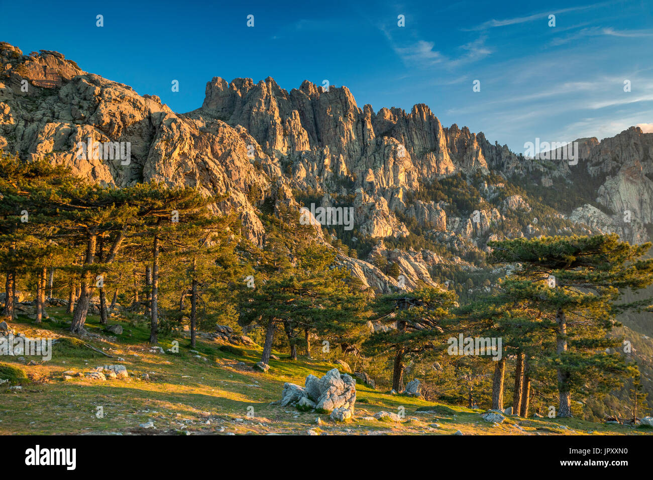 Aiguilles de Bavella, Aussicht bei Sonnenaufgang vom Col de Bavella, Corse-du-Sud, Korsika, Frankreich Stockfoto