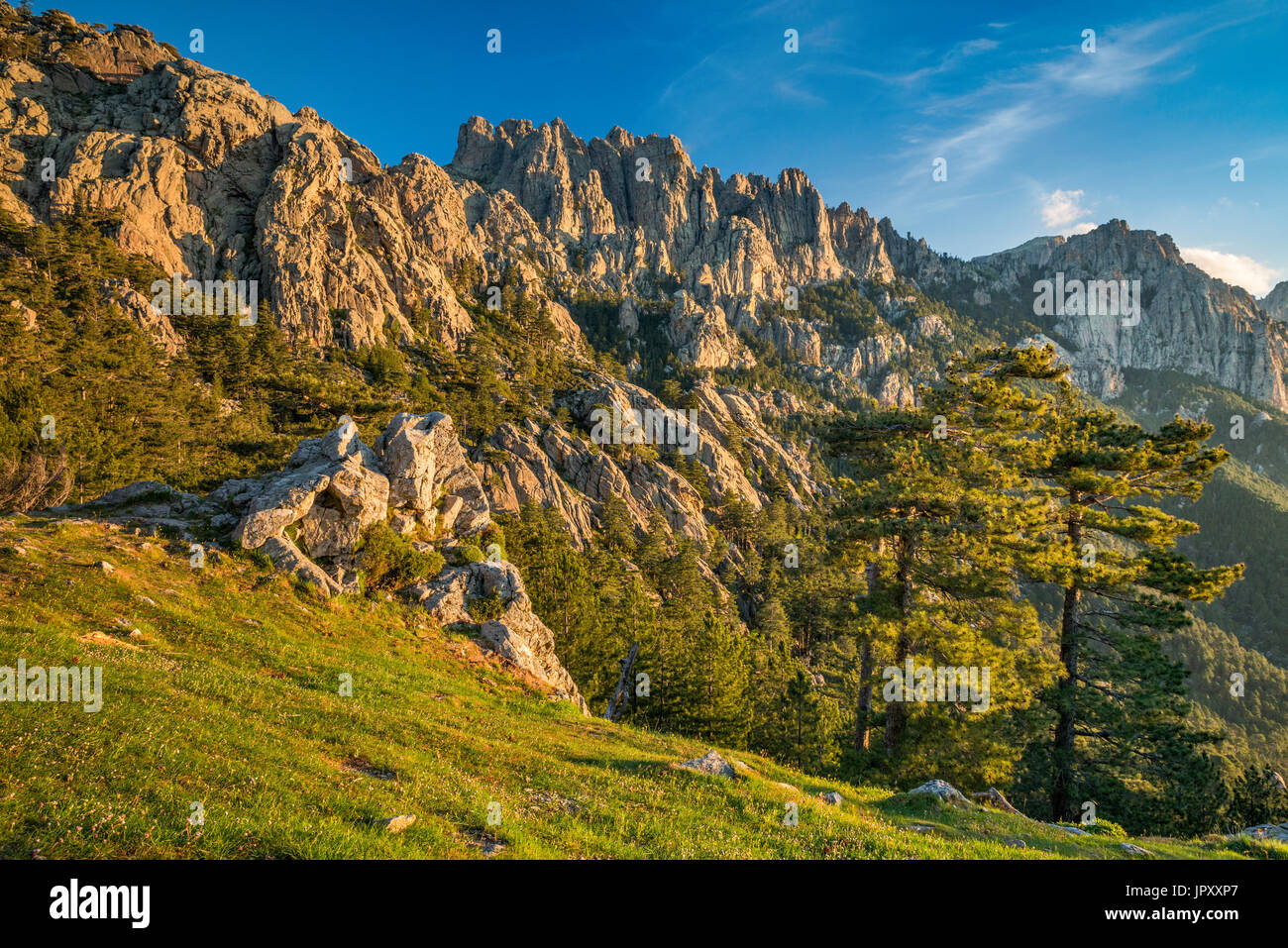Aiguilles de Bavella, Aussicht bei Sonnenaufgang vom Col de Bavella, Corse-du-Sud, Korsika, Frankreich Stockfoto