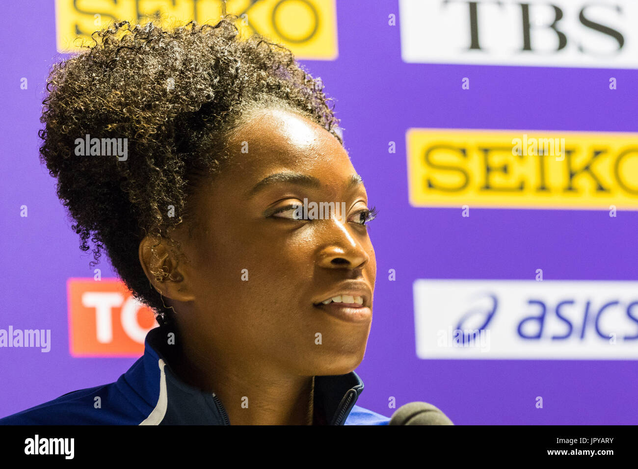 London, UK. 3. August 2017. London, 3. August 2017. Tianna Bartoletta, 2016 Olympic und 2015 Weitsprung-Weltmeister im Team USA Pressekonferenz vor der IAAF Weltmeisterschaften London 2017 im London Stadium. Bildnachweis: Paul Davey/Alamy Live-Nachrichten Stockfoto