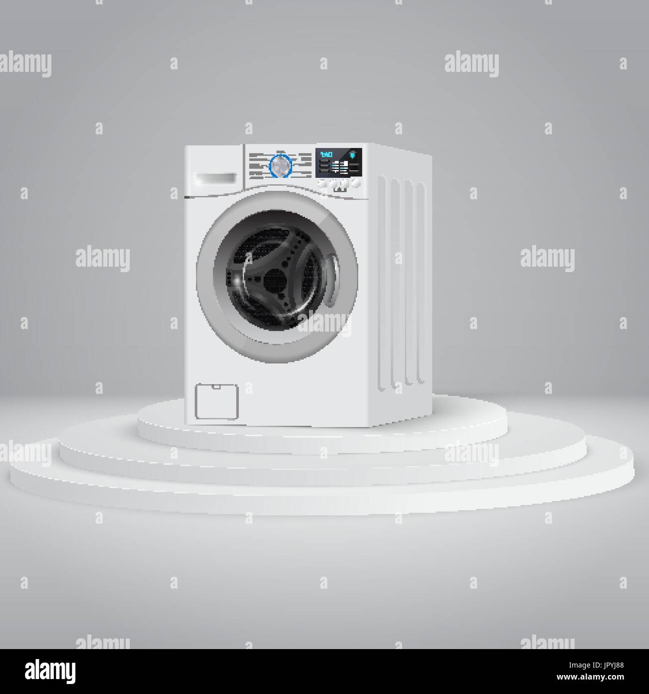 Realistische weiße Frontlader Waschmaschine auf Runde weiße Podium perspektivische Ansicht, close-up. 3D realistische Vektor Unterlegscheibe. Stock Vektor