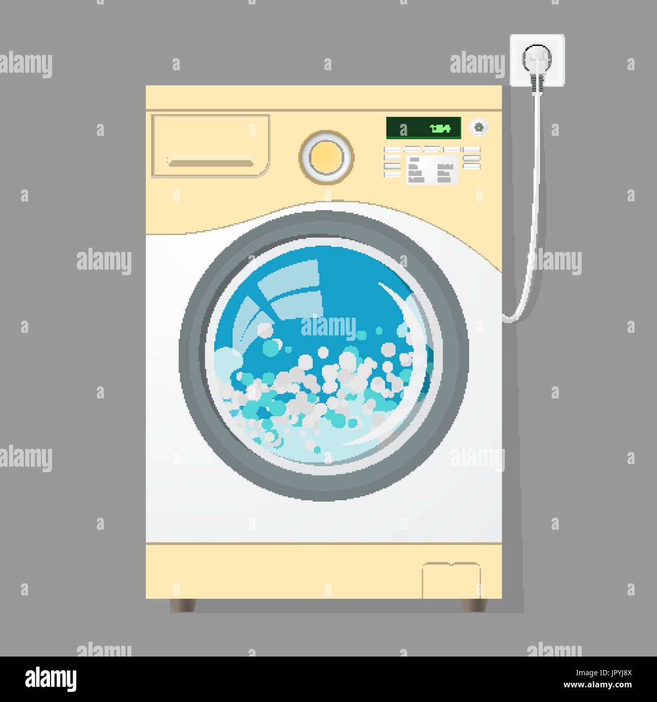 Moderne Waschmaschine isoliert auf grauem Hintergrund. Unterlegscheibe. Ausrüstung zum Wäschewaschen. Haushaltsgeräte Stock Vektor