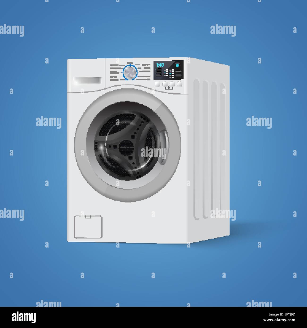 Realistische weiße Frontlader Waschmaschine auf blauem Grund. Vorderansicht, close-up. 3D realistische Vektor Unterlegscheibe. Stock Vektor