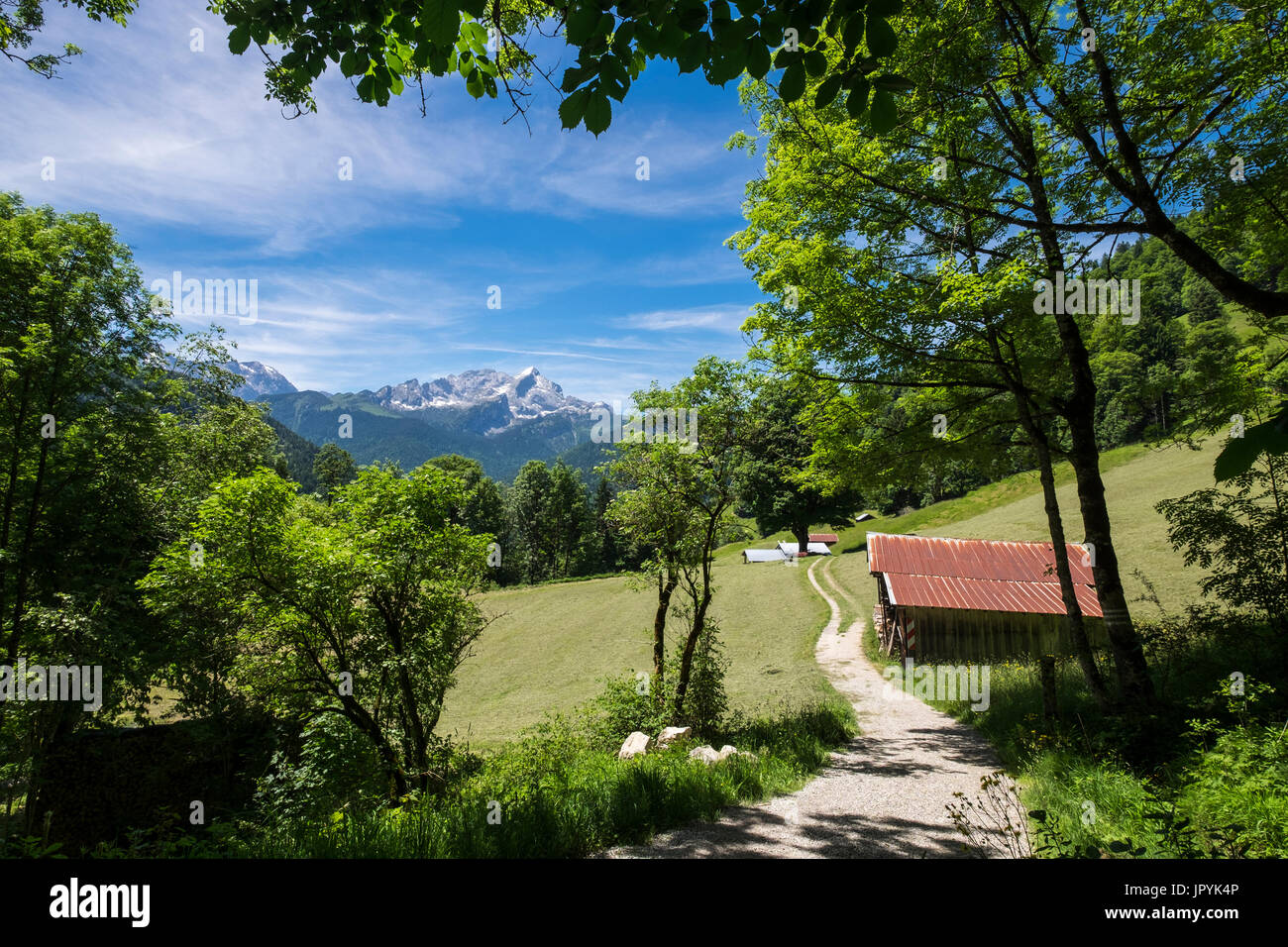 Blick über Almwiesen bis Zugspitz Bergspitze in Bayern, Deutschland Stockfoto