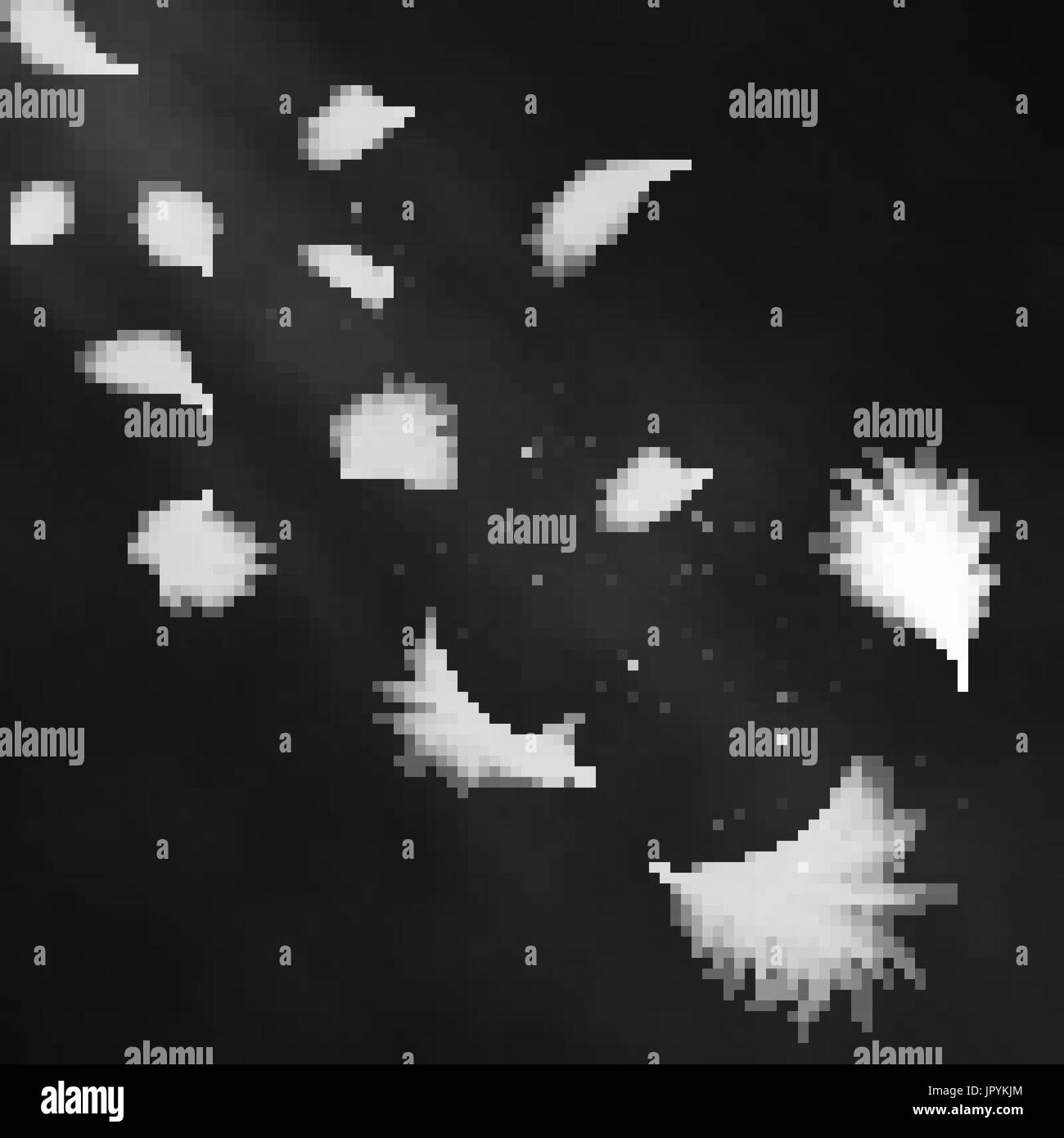 Realistische 3d detaillierte weißen Schwan Federn auf einem schwarzen Hintergrund. Vektor-Illustration. Fallende Federn abstrakte Lichtgestaltung Stock Vektor