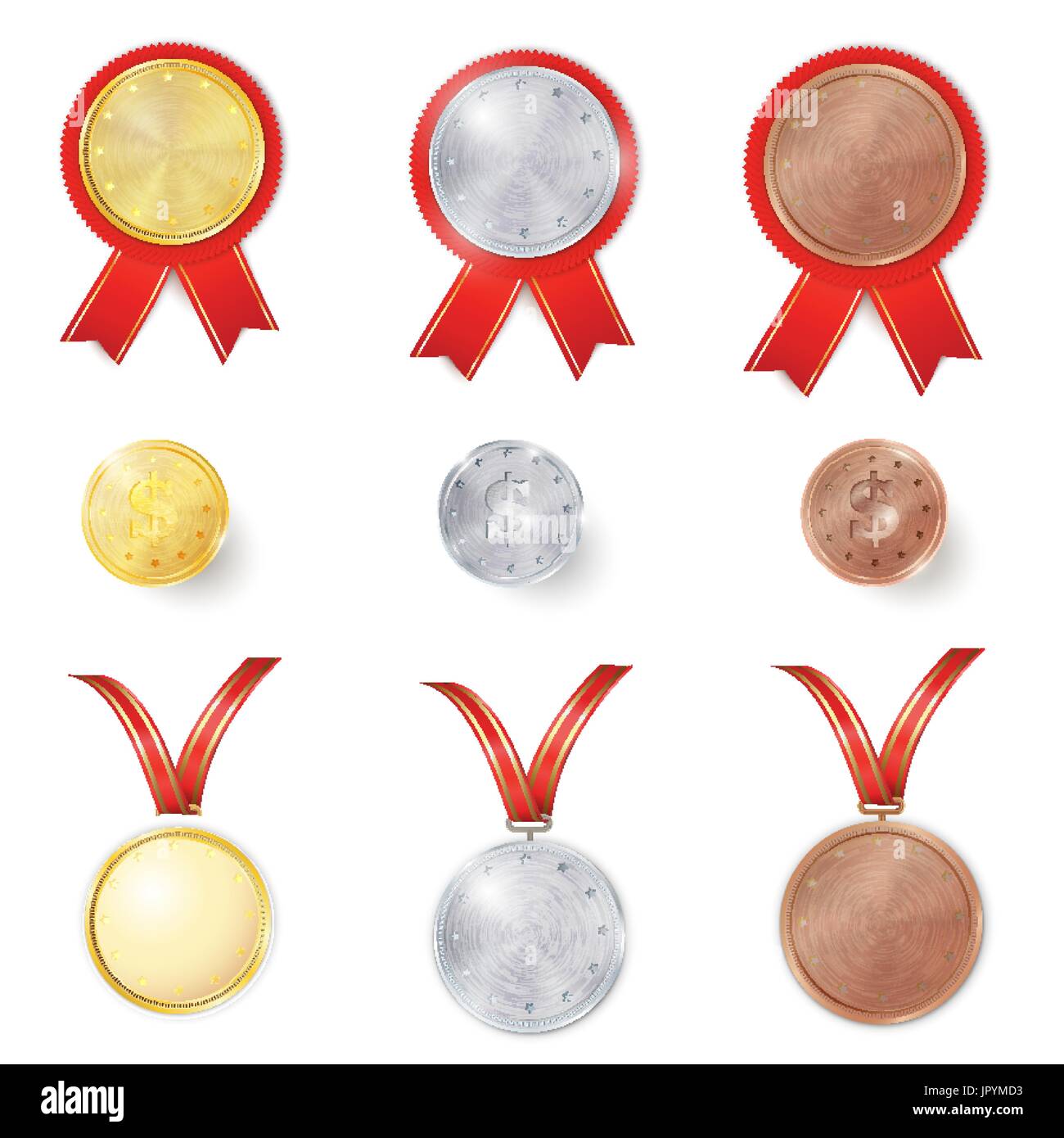 Satz von Gold-, Silber- und Bronze-Auszeichnung Medaillen mit roten Bändern. Satz von Gold-, Silber-und Bronzemünzen. Realistische 3d Rosette Farbe festgelegt. Platz für Text. Stock Vektor