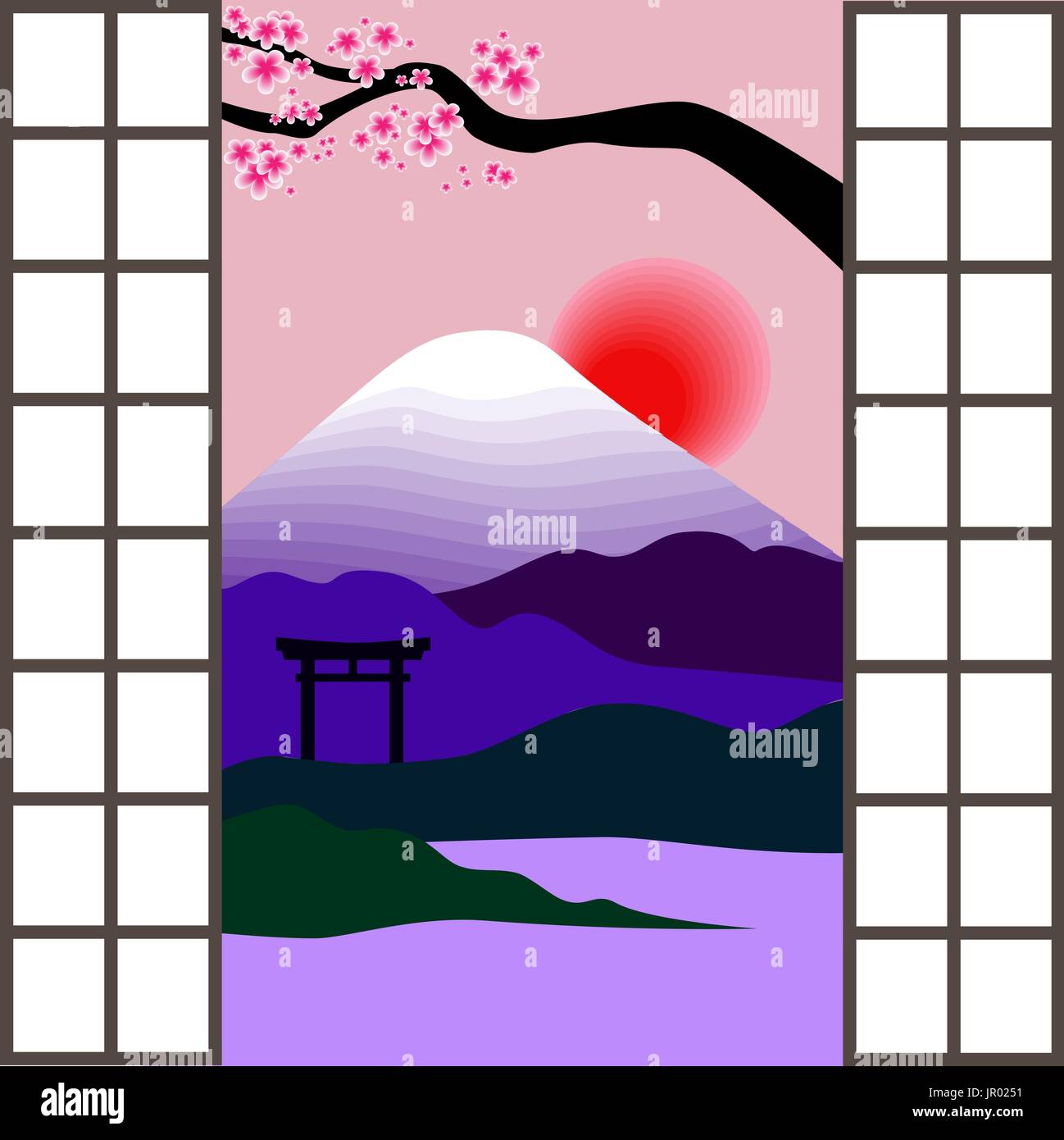 Landschaft mit Mount Fuji, Torii, Kirschblüten und Sonnenaufgang vor dem japanischen Fenster. Vektor-illustration Stock Vektor