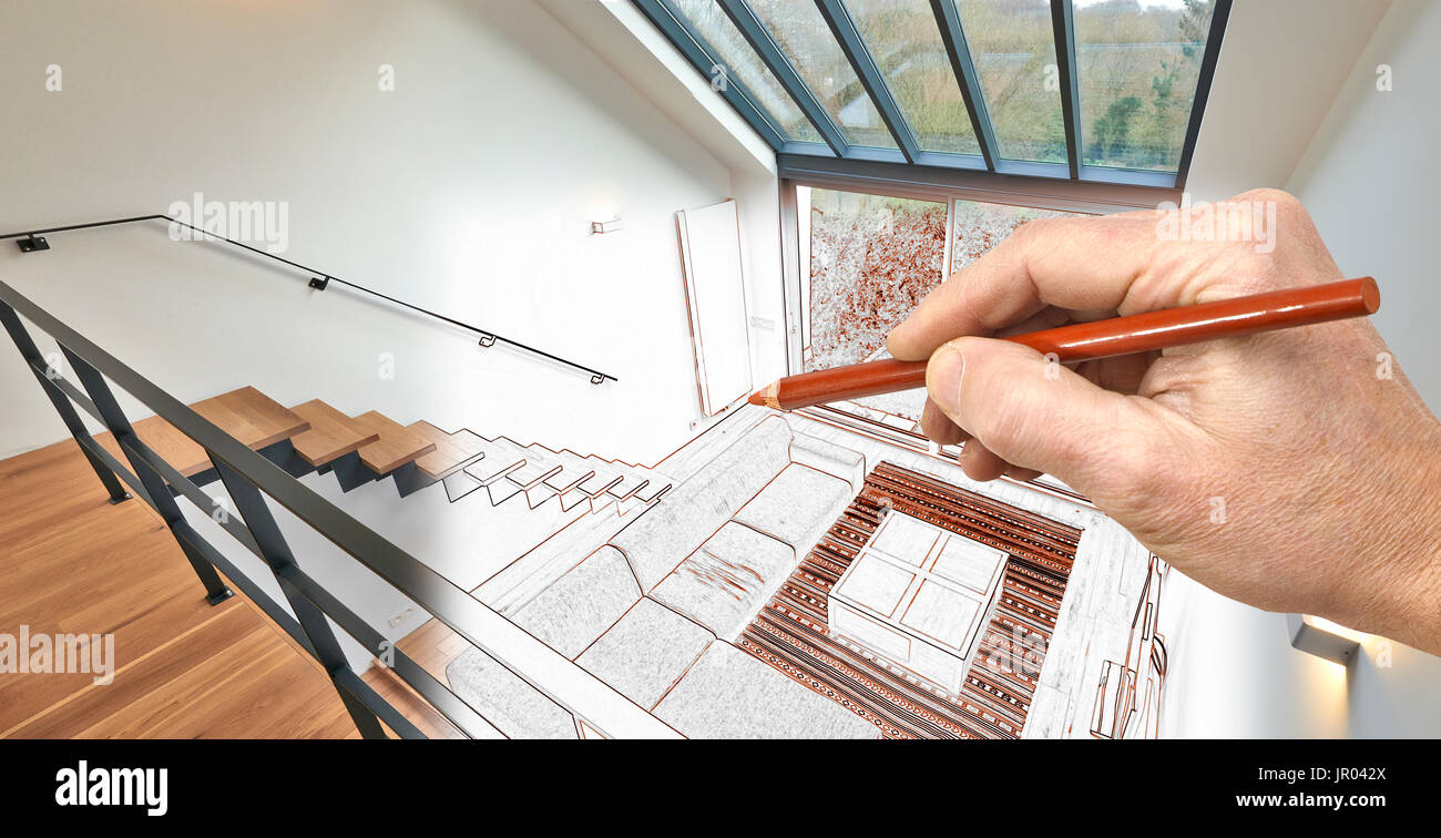 Renovierung Der Zeichnung Aus Einem Modernen Wohnzimmer Mit Grossen Fenstern Und Blick Auf Einen Garten Stockfotografie Alamy