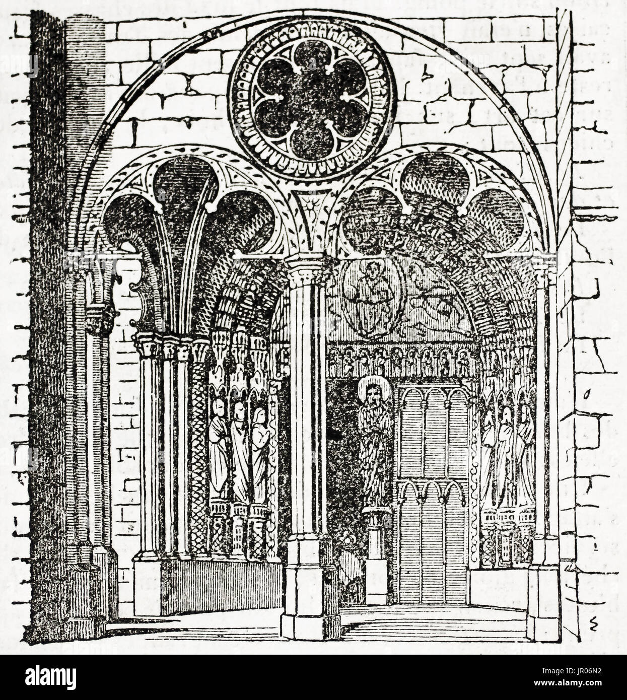 Alte Abbildung von Bourges Kathedrale, Seite Portal. Von unbekannter Autor veröffentlicht am Magasin Pittoresque, Paris, 1833. Stockfoto