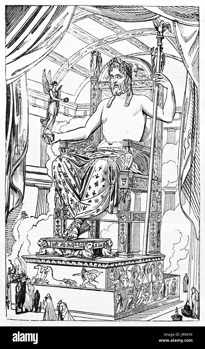 Alte Darstellung der Jupiter Olympian Verlust Phidias Statue. Erstellt von Jackson nach Quatremère philologischen Forschung, veröffentlicht am Magasin Pittoresque, Stockfoto