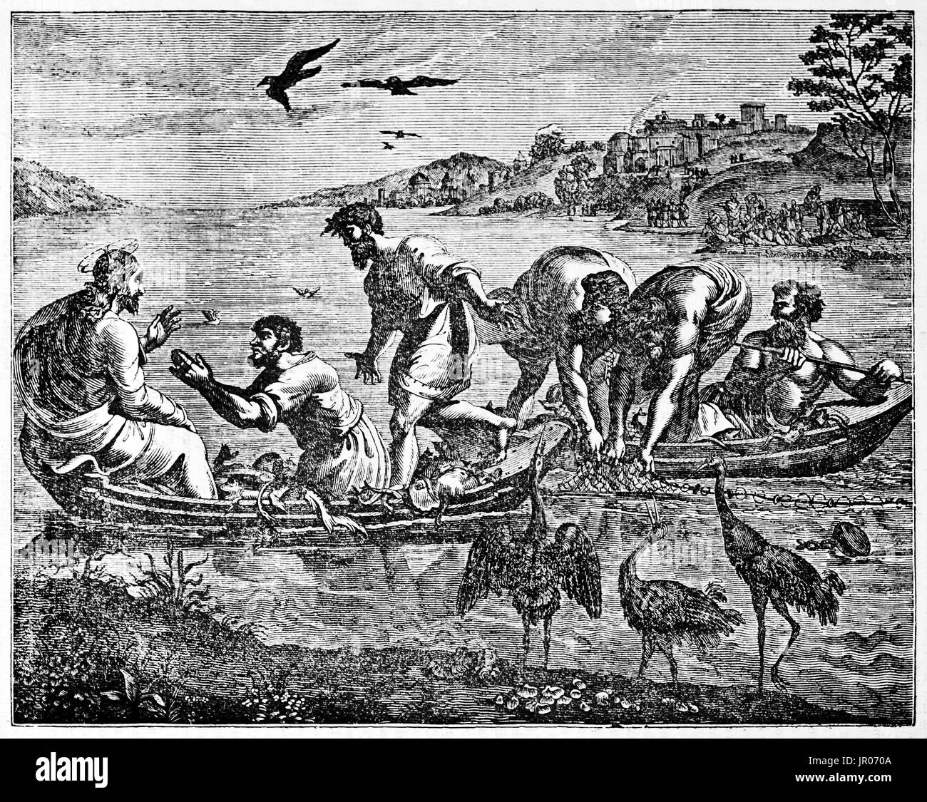 Alten graviert Reproduktion von Pesca Miracolosa (wundersame Tiefgang von Fischen). Nach Raffael veröffentlicht am Magasin Pittoresque, Paris, 1833. Stockfoto