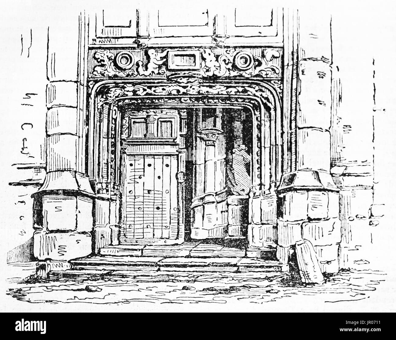 Alte Abbildung od eine Portal in Nantouillet Schloss Innenhöfe, Frankreich. Erstellt von Andrew, Best und Leloir, veröffentlicht am Magasin Pittoresque, Paris, 1833 Stockfoto