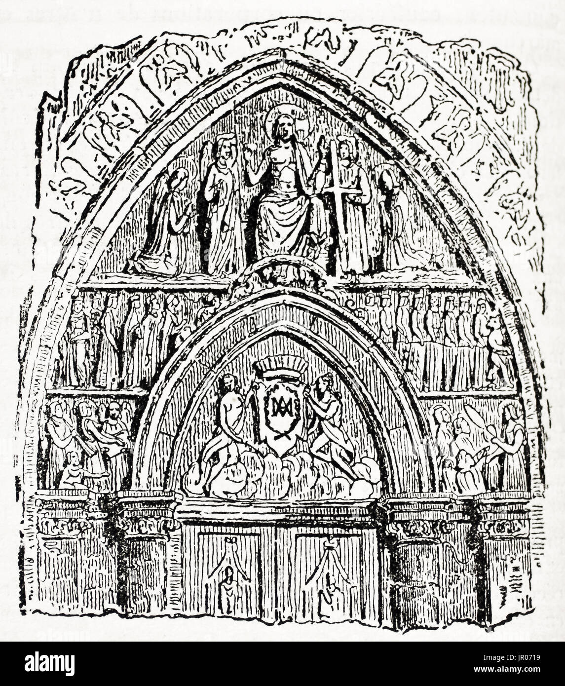 Alte Darstellung der Notre-Dame de Paris Hauptportal.  Von unbekannter Autor veröffentlicht am Magasin Pittoresque, Paris, 1833. Stockfoto