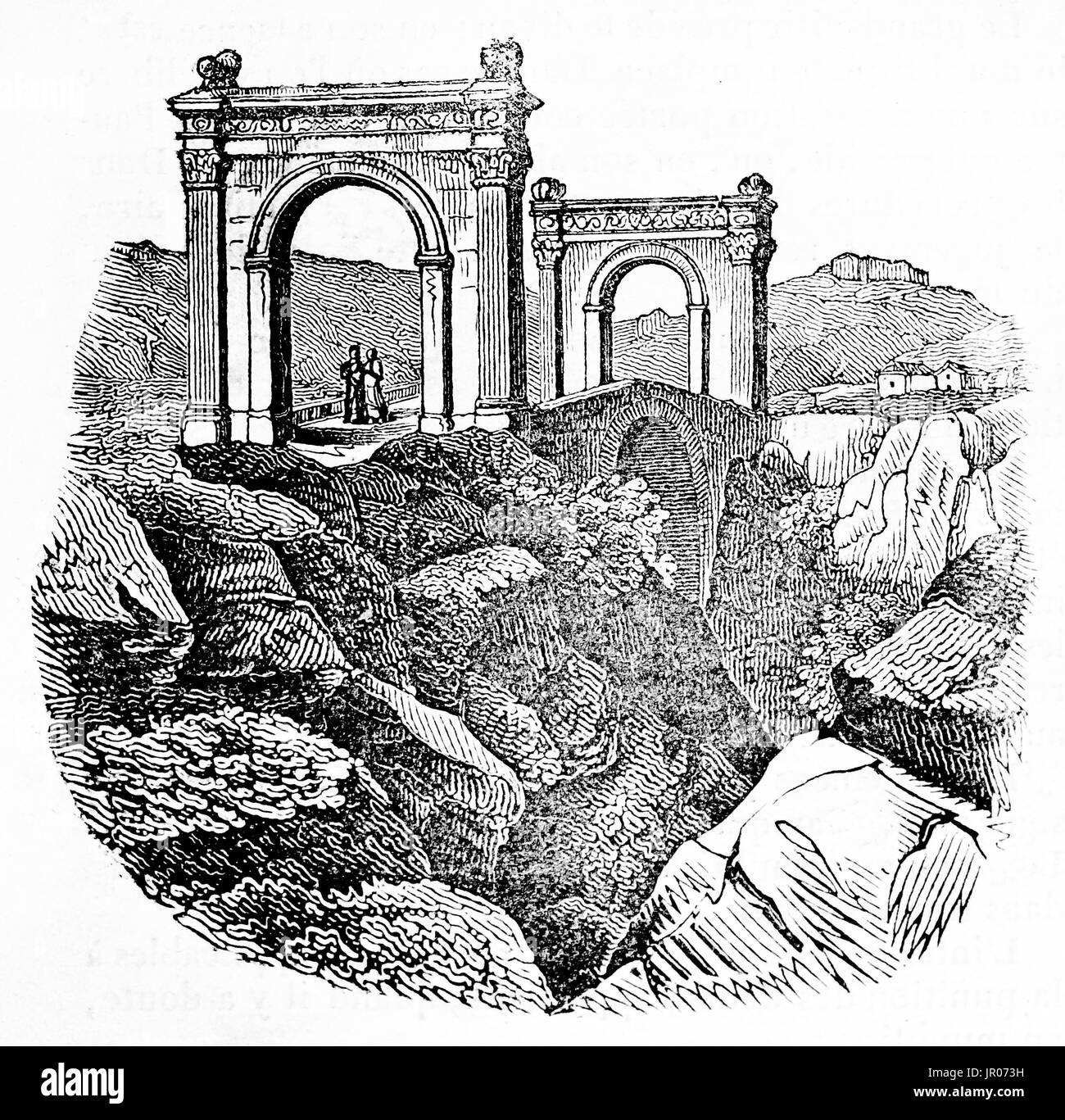 Alte Illuystration von der Pont Flavien (Flavian Brücke), Römerbrücke, Frankreich. Von unbekannter Autor veröffentlicht am Magasin Pittoresque, Paris, 1833. Stockfoto