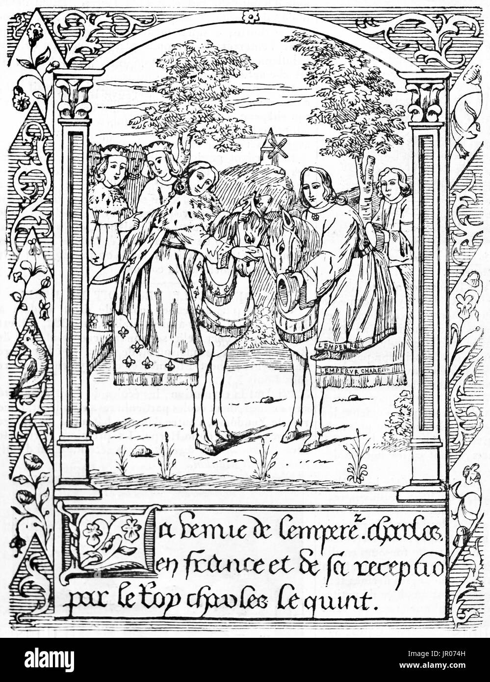 Alten Reproduktion eine Miniatur-Darstellung des Treffens zwischen König CharlesV von Frankreich und heiligen römischen Emperor Charles IV.  Nach dem 14. Jahrhundert Miniatur Stockfoto