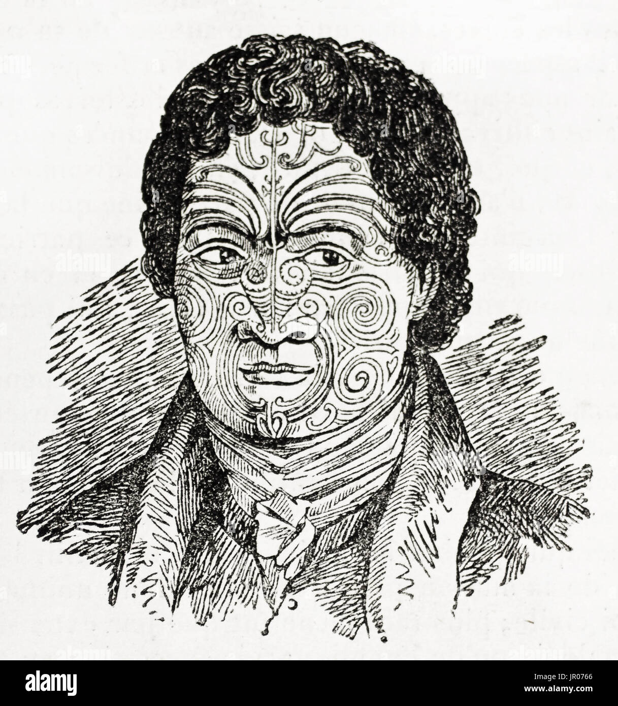 Alte Darstellung der Maori Mann in Neuseeland mit Ta Moko in seinem Gesicht (spezielle Art der Tätowierung ziseliert, anstatt punktiert). Von unbekannter Autor Stockfoto