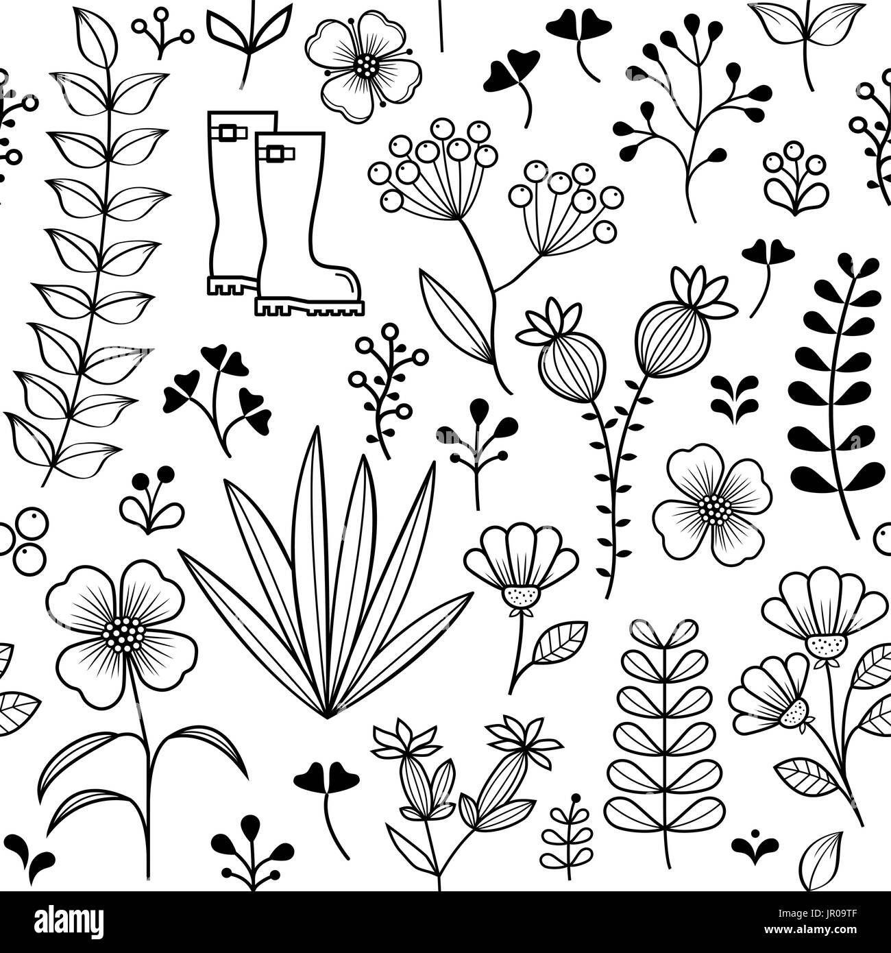 Botanische Musterdesign, handgezeichnete Wildblumen und Kräuter Design, Tapeten Stock Vektor