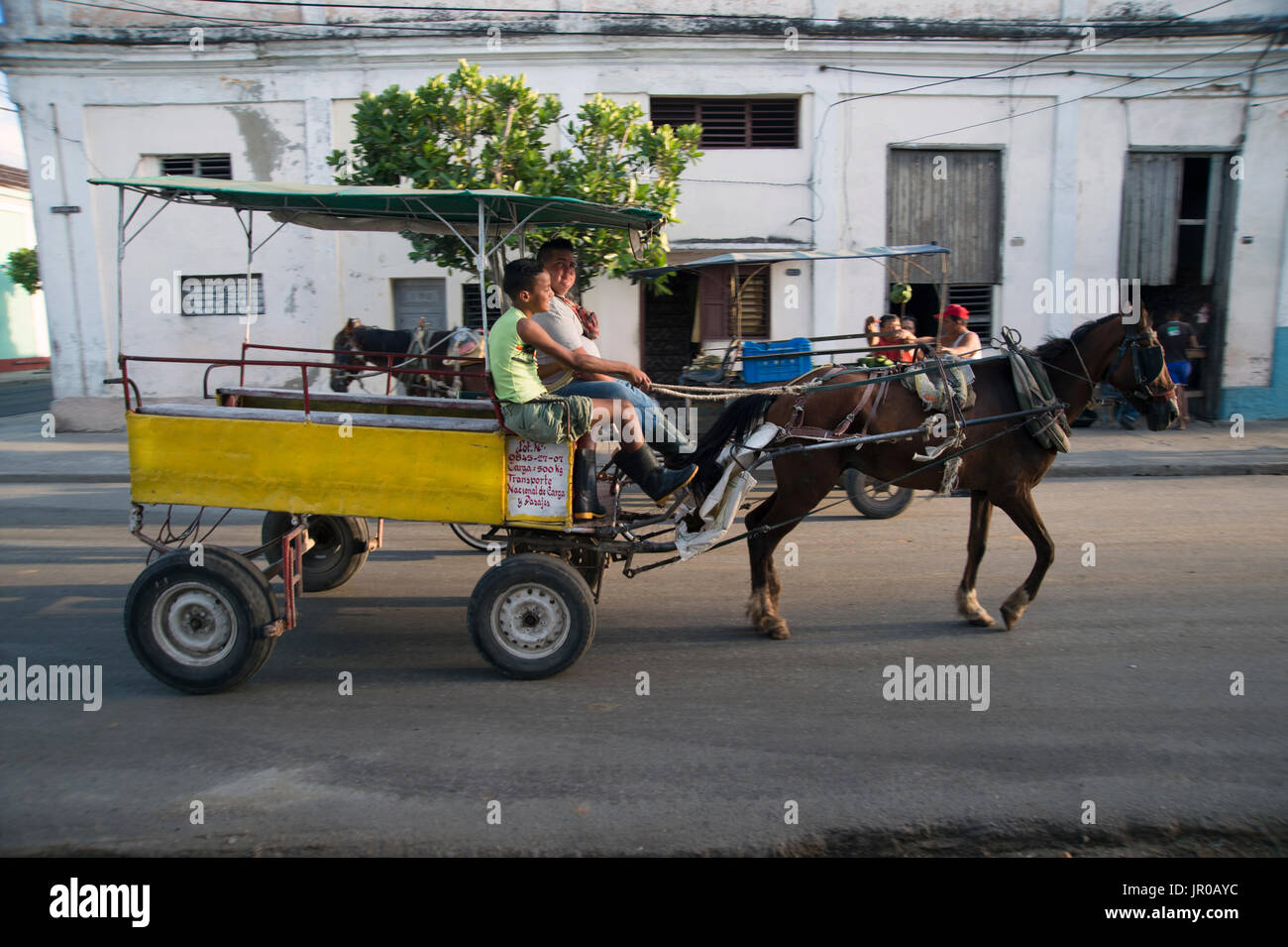 Vater und Sohn fahren ihr Pferd und Wagen Taxi durch die Straßen von Cienfuegos Kuba Stockfoto