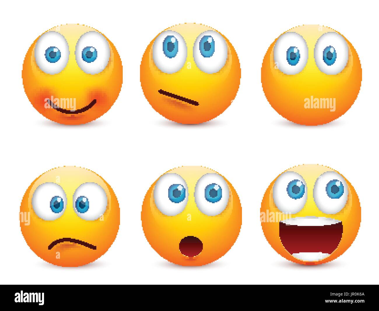 Smiley mit blauen Augen, Emoticon-Satz. Gelbes Gesicht mit Emotionen. Gesichtsausdruck. 3D realistisch Emoji. Traurig, glücklich, wütend Gesichter. Lustige Comic-Figur. Mood.Vector Abbildung. Stock Vektor