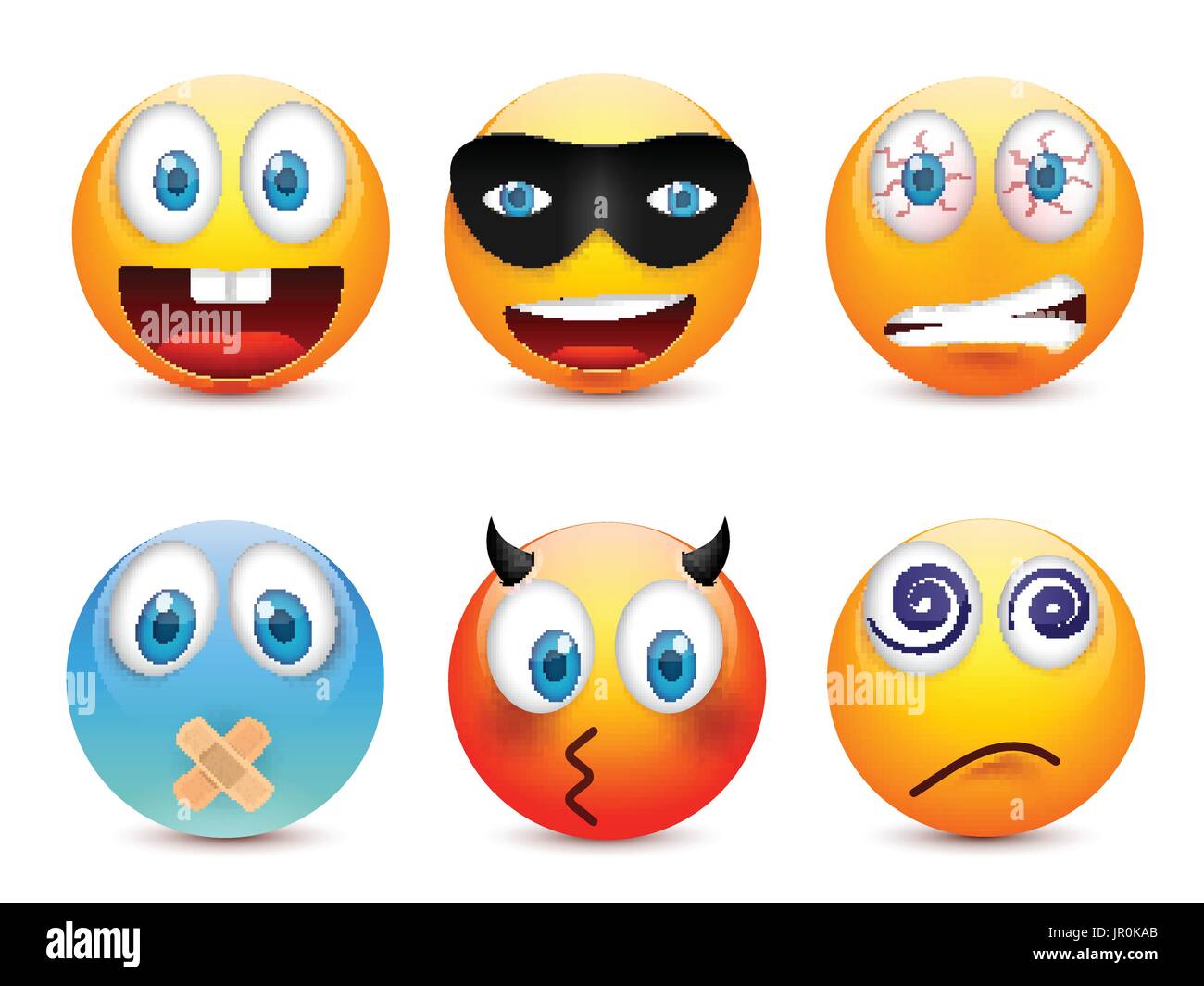 Smiley mit blauen Augen, Emoticon-Satz. Gelbes Gesicht mit Emotionen. Gesichtsausdruck. 3D realistisch Emoji. Traurig, glücklich, wütend Gesichter. Lustige Comic-Figur. Mood.Vector Abbildung. Stock Vektor