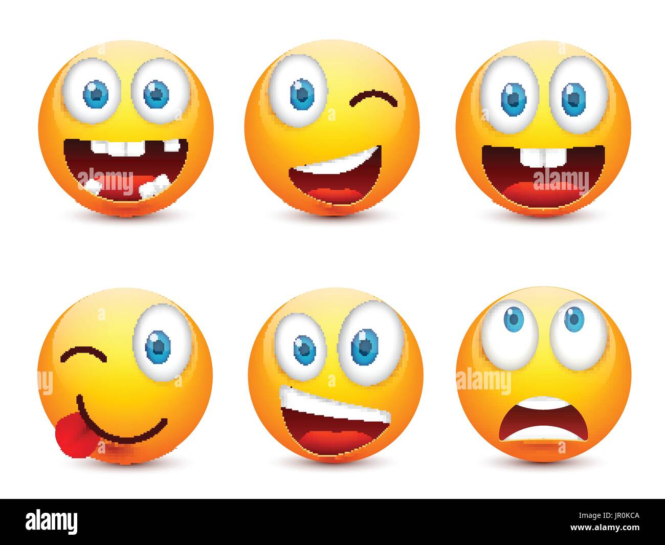 Smiley mit blauen Augen, Emoticon-Satz. Gelbes Gesicht mit Emotionen. Gesichtsausdruck. 3D realistisch Emoji. Traurig, glücklich, wütend Gesichter. Lustige Comic-Figur. Mood.Vector Abbildung. Stock Vektor