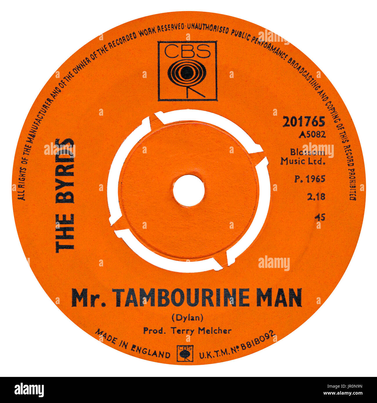 45 u/min 7' UK Plattenlabel von Mr. Tambourine Man von The Byrds auf dem CBS-Label von 1965. Stockfoto