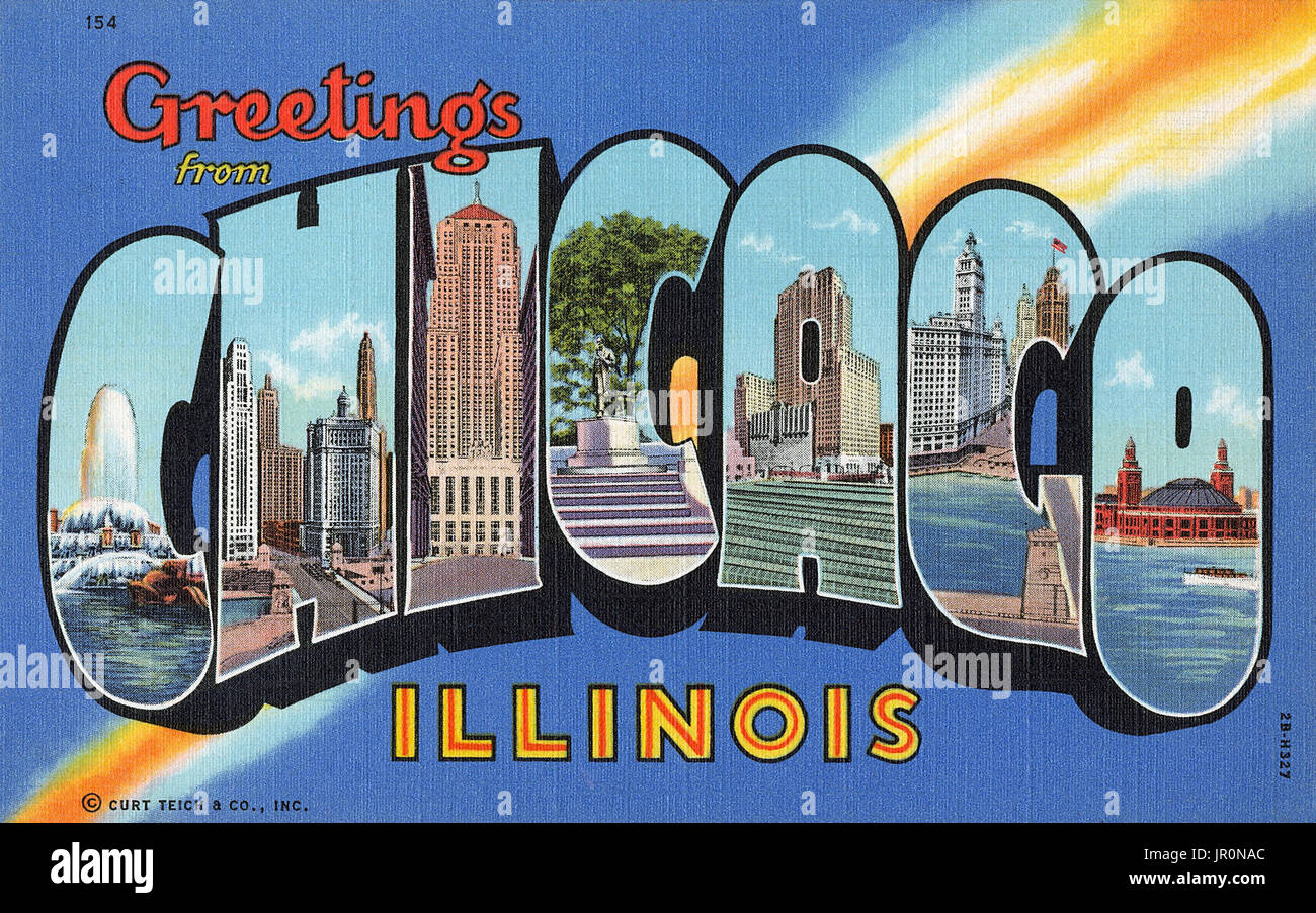 Alte Ansichtskarte von US-Grüße aus Chicago, Illinois. Herausgegeben von Curt Teich & Co. in 1942. Stockfoto