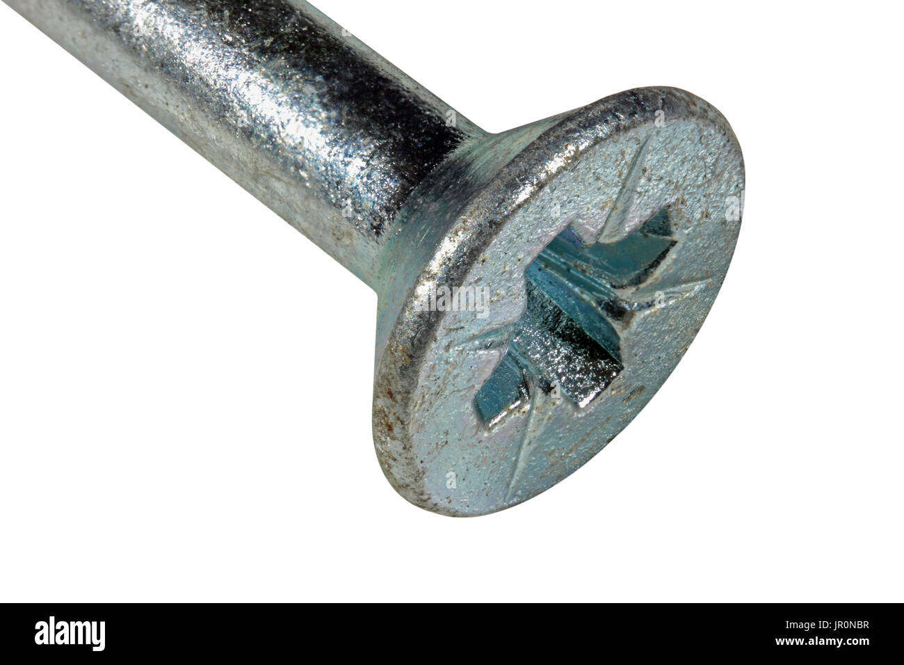 A Pozi-drive PZ2 countersunk head woodscrew isolated on a white background Stockfoto