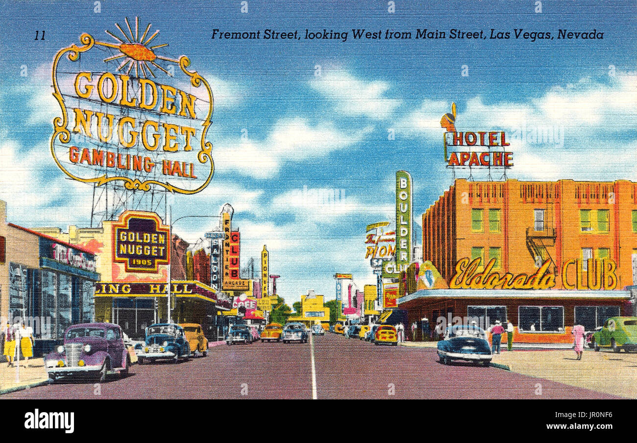 Vintage US-Postkarte der Fremont Street, Las Vegas, Nevada, mit dem Golden Nugget unterzeichnen. Durch Burkett verteilen Co. veröffentlicht. Stockfoto