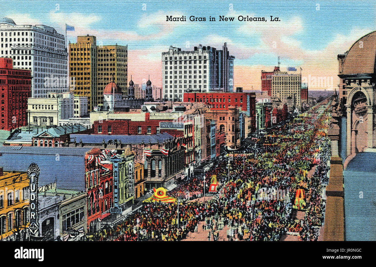Jahrgang 1937 US-Postkarte von Canal Street, New Orleans, Louisiana in der Zeit des Mardi Gras. Veröffentlicht von Curt Teich. Stockfoto