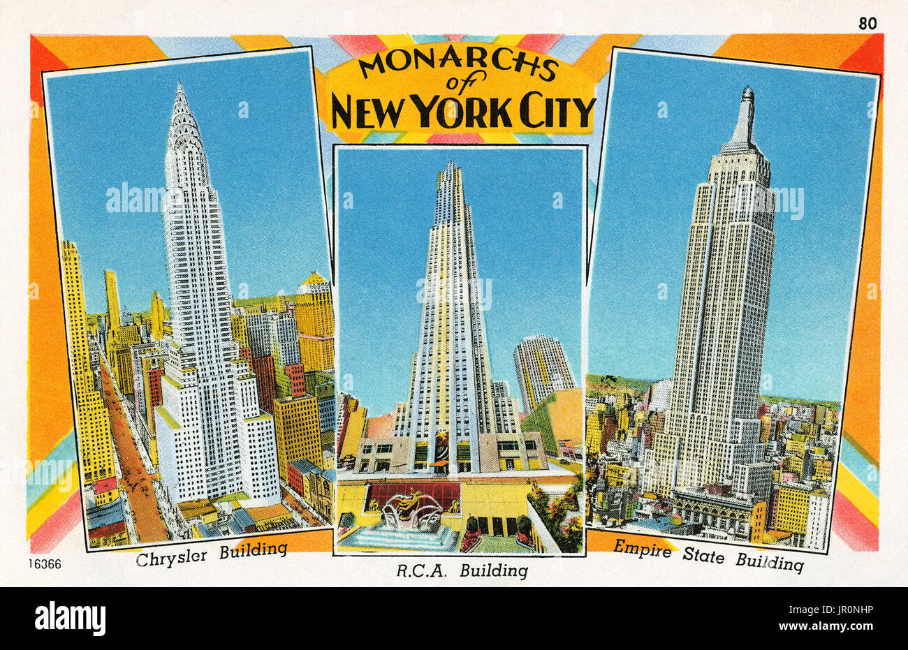 Vintage US-Postkarte "onarchs von New York', das Chrysler Building, das R.C.A. Gebäude und das Empire State Building. Stockfoto
